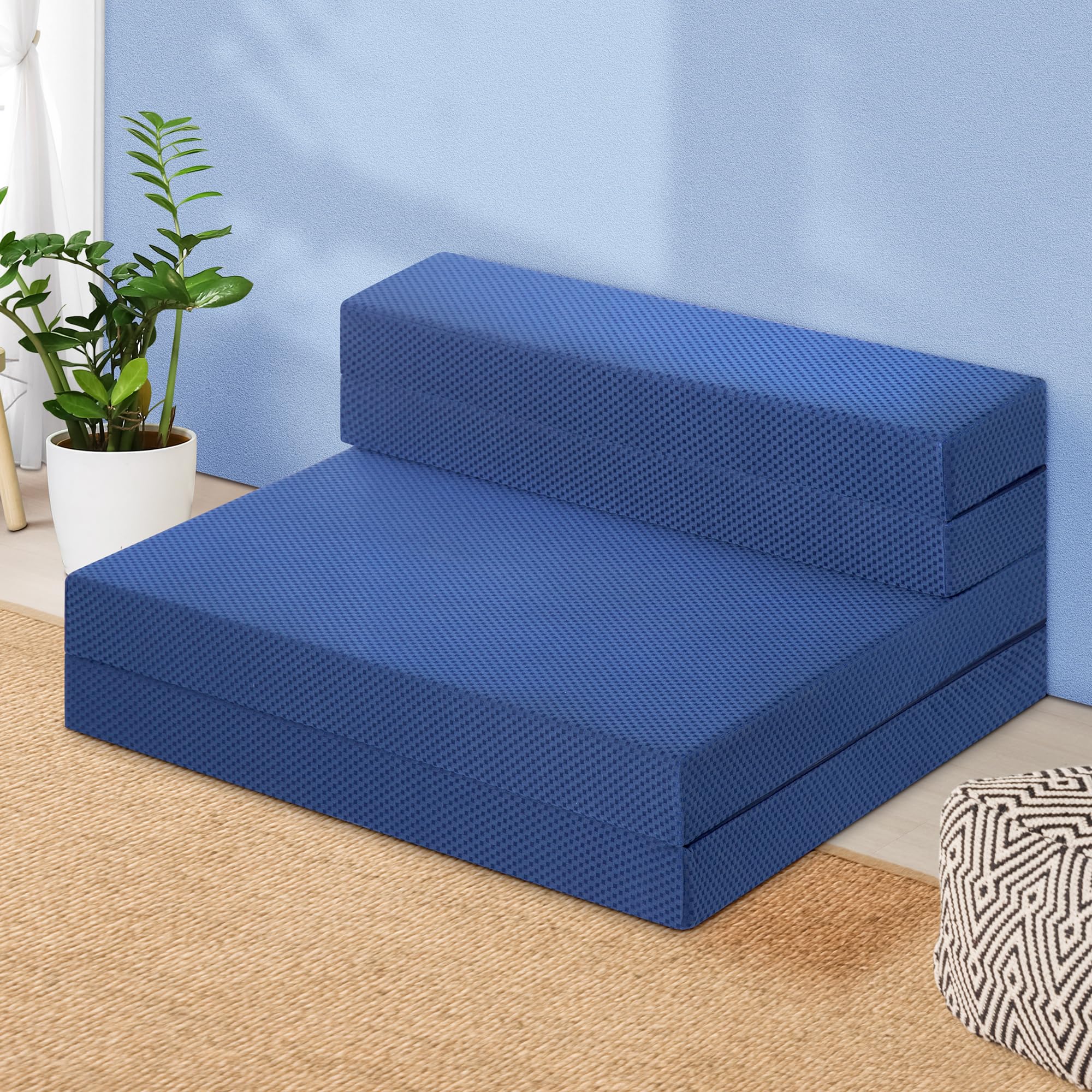 Olee Sleep 4 Inch Tri-Folding Memory Foam Mattress Topper with Gel Infusion - CertiPUR-US Certified, Washable Cover, Twin XL Size - Perfect for Camping, Guest Beds & Temporary Sleeping Solutions (Soft, Blue)