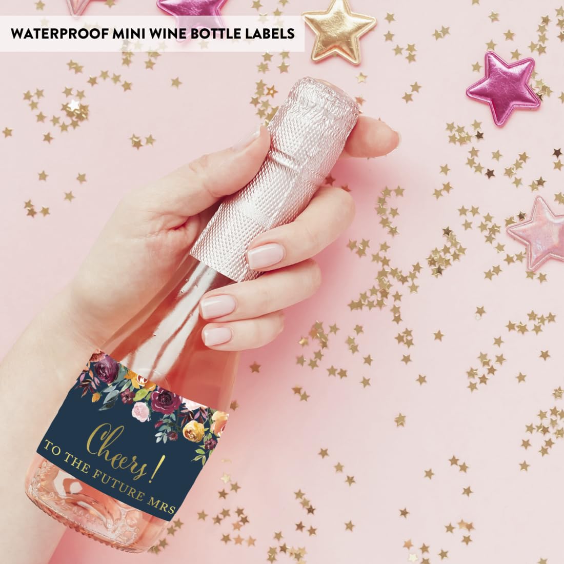 Custom Mini Wine Labels for Bachelorette Parties - 20-Pack Waterproof Champagne Bottle Stickers, Cheers to The Future Mrs. in Navy Blue Floral Roses Design | Perfect for Wedding Showers, Bridal Events & Fall Celebrations