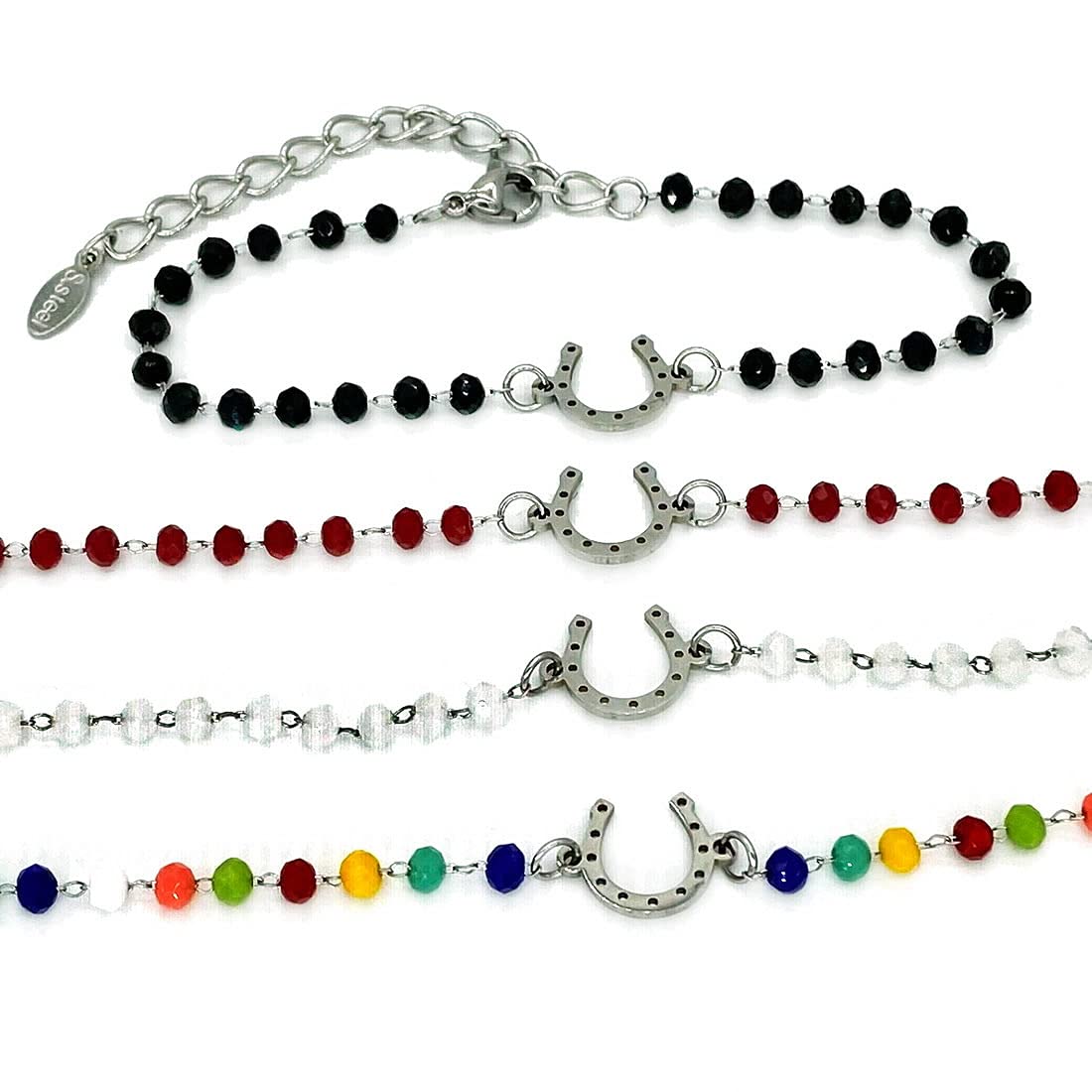 DOLON 4PCS Bulk Set Waterproof Handmade Boho Crystal Glass Beaded Stainless Steel Chain Unicorn Bracelets with Horseshoe Charm - Perfect Gift for Horse Lovers, Birthday Party Favors, Festival Jewelry & Boho Fashion Accessories