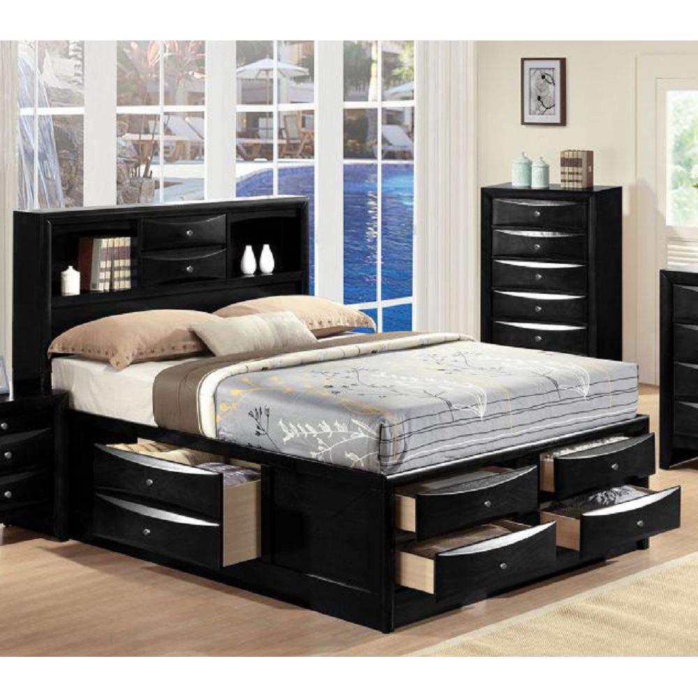 Elountik Solid Wood Bed Frame with Storage Drawers & Headboard Shelf - Full Size Platform Bed for Master & Guest Bedrooms (Black) | Space-Saving Storage Solution & Modern Bedroom Furniture for Small Spaces