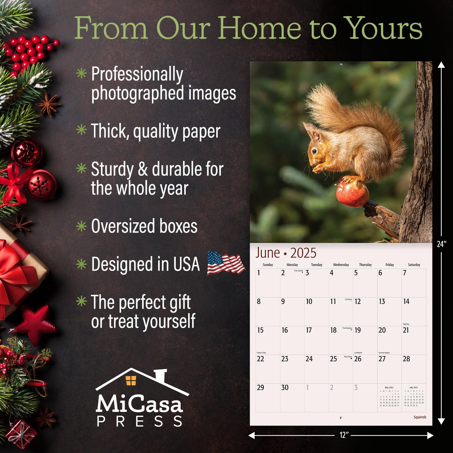 MICASA Squirrels 2025 Wall Calendar - 12 Month Large (12x24 Inches) with Thick Sturdy Paper | Perfect Home & Office Decor | Great Gift Idea for Nature Lovers | Use for Planning, School, or Work Schedules