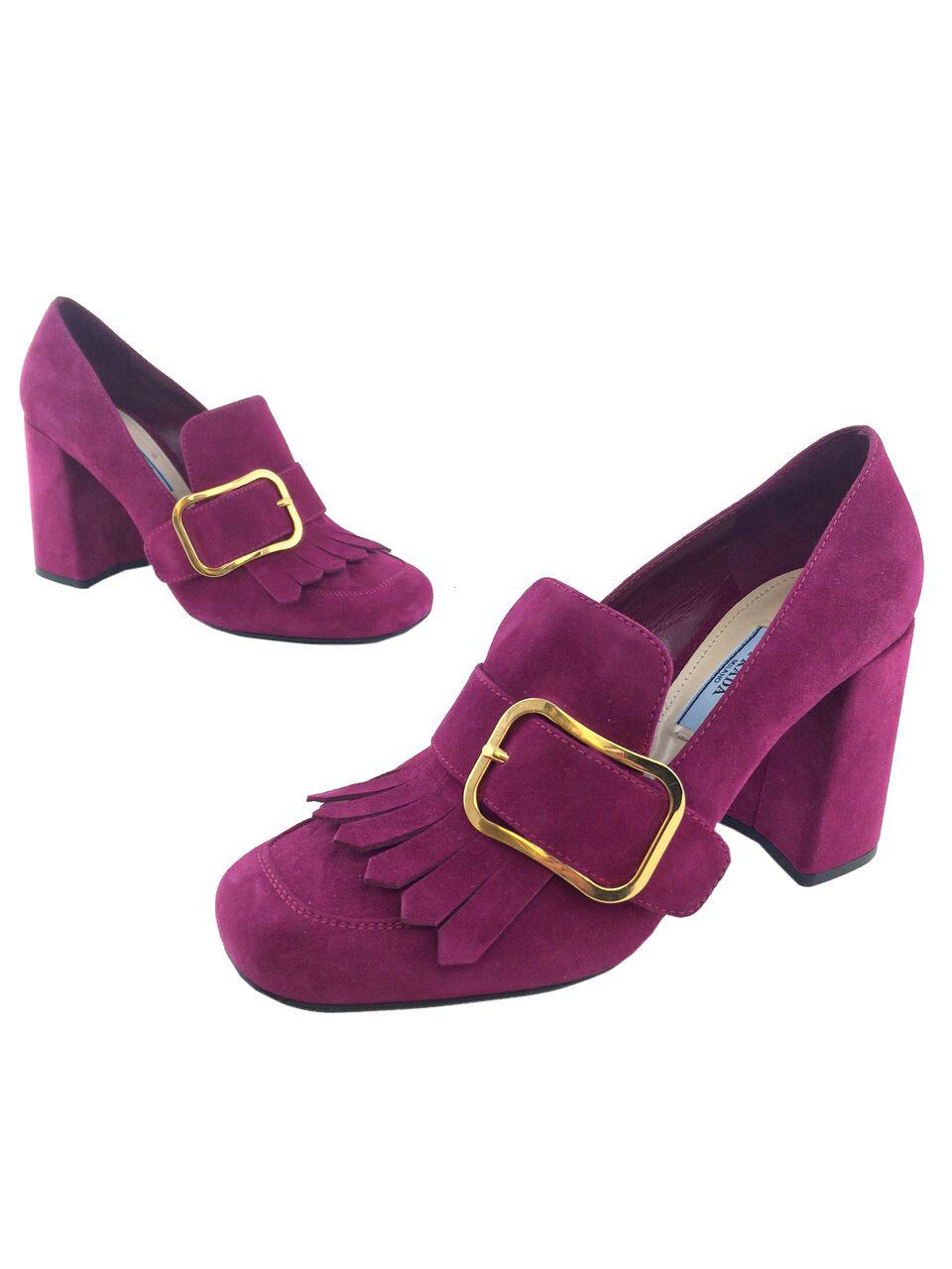 Prada Suede Buckle Kiltie Loafers Women's Size 8.5 - Classic Italian Leather Slip-On Shoes for Business Casual & Office Wear