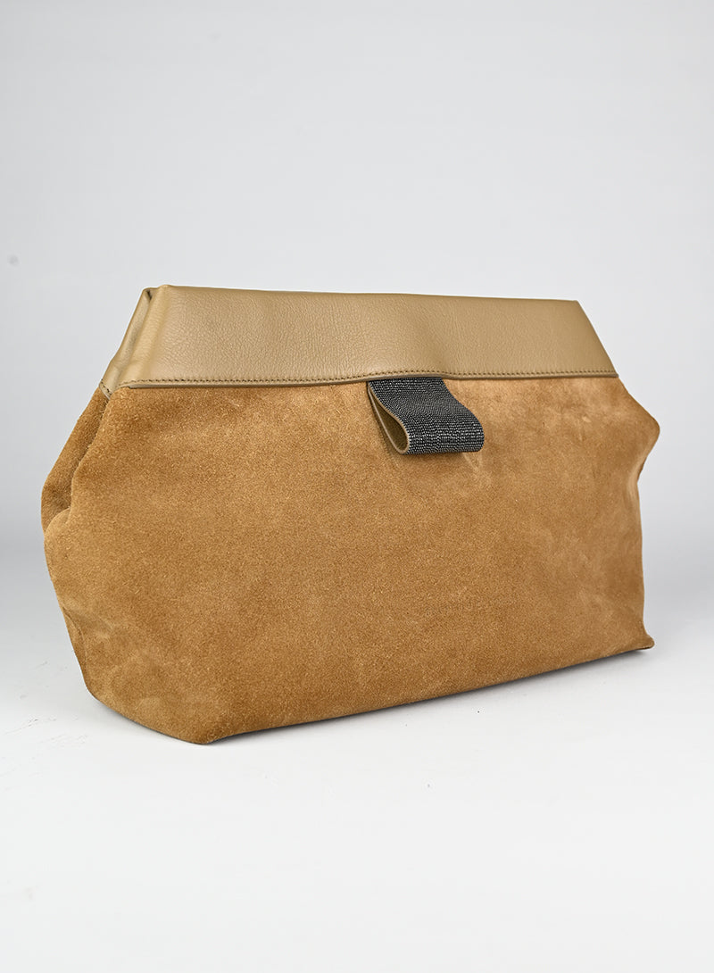 Brunello Cucinelli Beige Suede Clutch Bag for Women | Luxury Designer Handbag for Evening Parties & Special Occasions