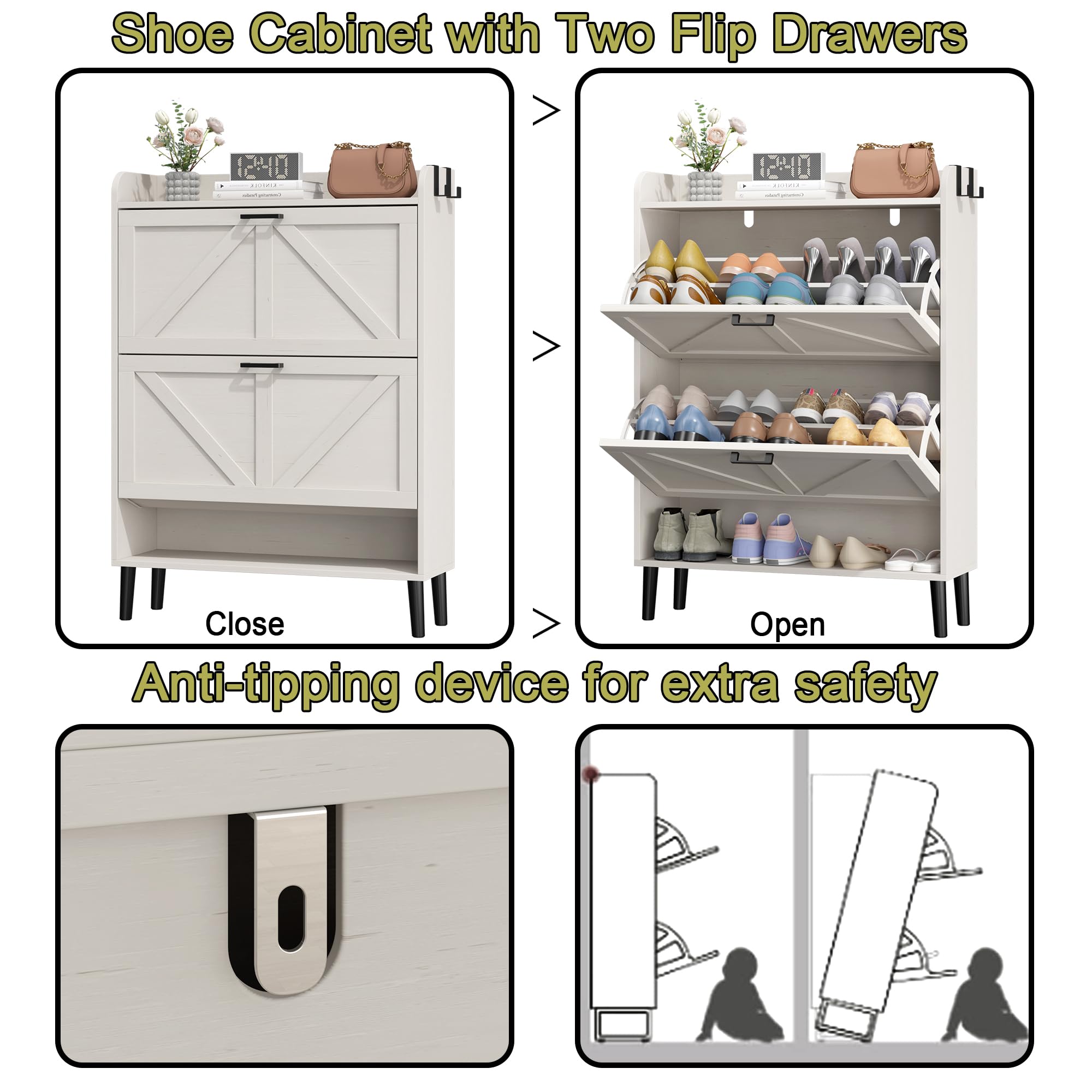 HOMEFORT Slim Shoe Storage Cabinet with 2 Flip Drawers - Narrow Entryway Shoe Organizer with Wood Legs, Farmhouse Hidden Shoe Rack for Front Door Entrance - Antique White - Perfect for Small Spaces & Clutter-Free Entryways