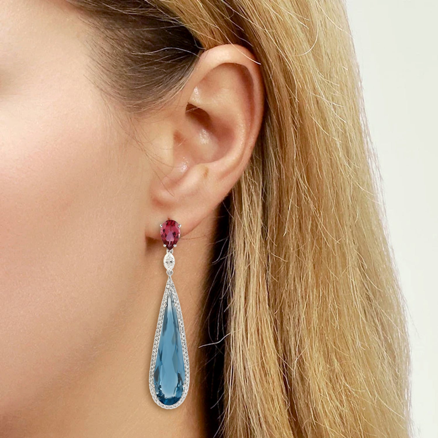 Blue Topaz & Pink Tourmaline Rose Cut Diamond Dangle Earrings in 14K White Gold - Elegant Jewelry for Weddings & Evening Parties