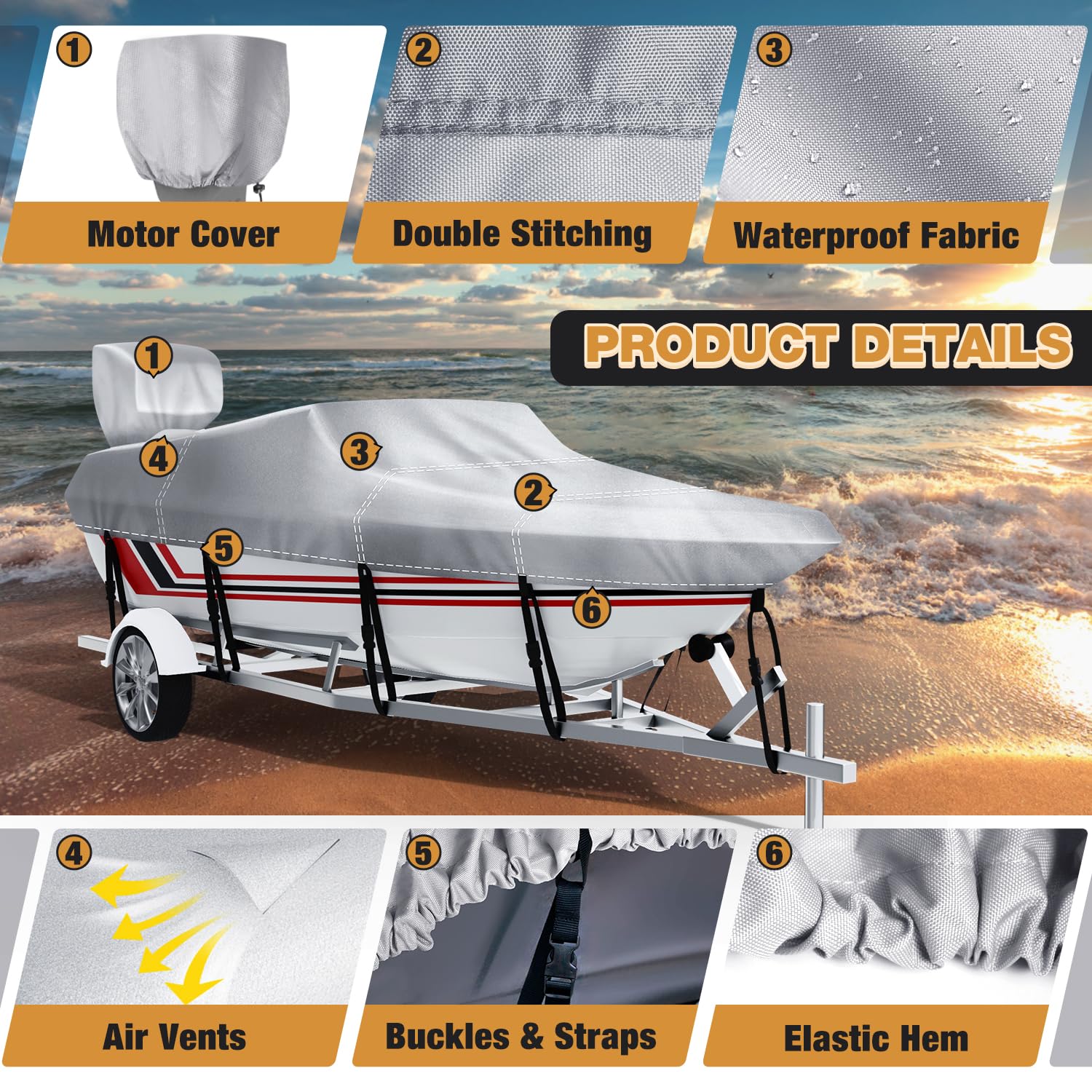 Heavy Duty 24-26 ft Waterproof Boat Cover with Motor Cover | Marine Grade V-Hull Runabout & Bass Boat Cover | Fits Fishing & Ski Boats up to 108