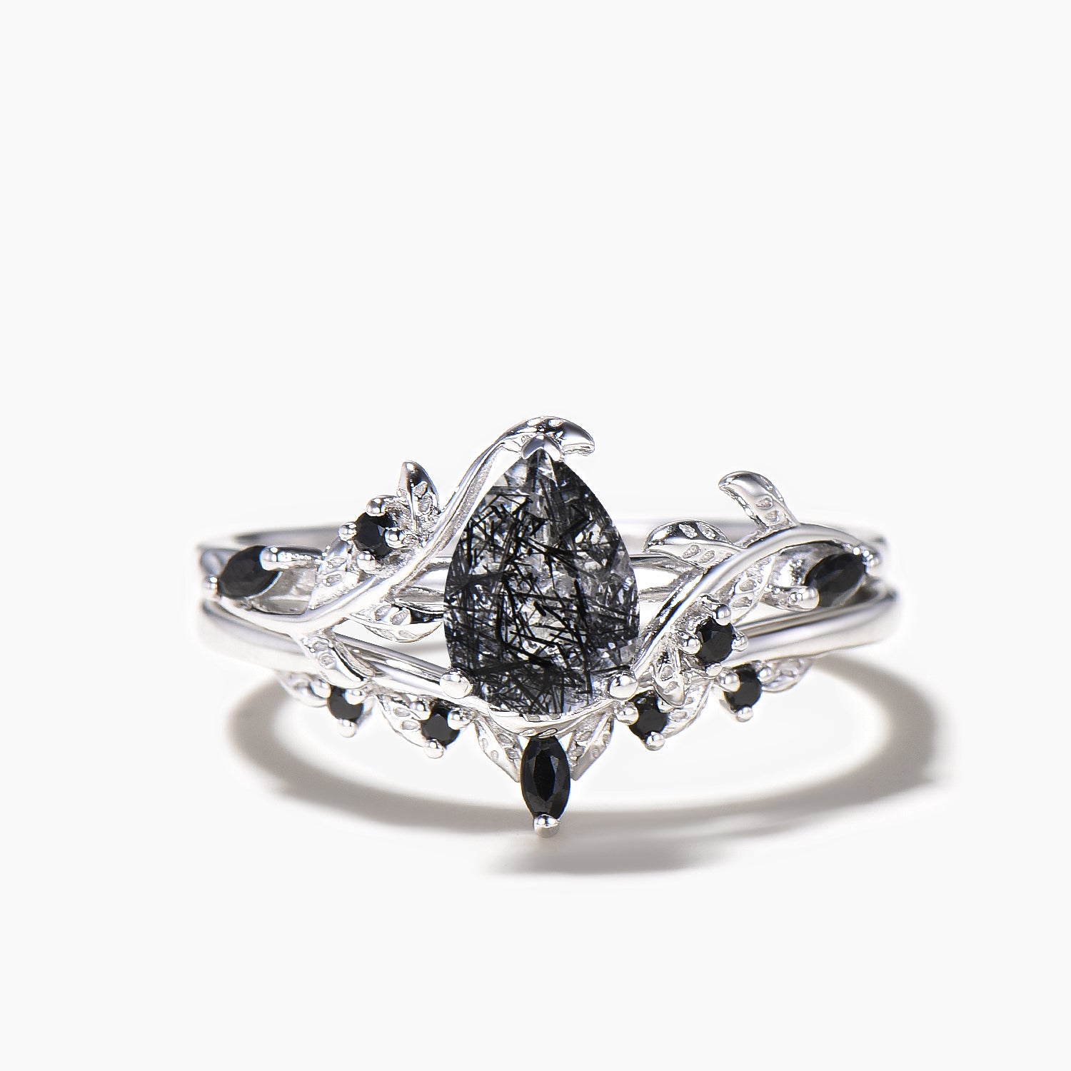 Natural Black Rutilated Quartz Teardrop Ring - Elegant Bridal Jewelry Set for Weddings, Engagements & Special Occasions