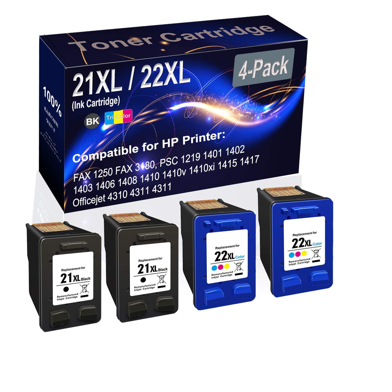4-Pack (2 Black + 2 Tri-Color) High-Yield Remanufactured Ink Cartridges - Compatible with HP 21XL/22XL for DeskJet D1320/D1330/D1341/D1360/D1368/D1400 Printers - Perfect for Home & Office Printing
