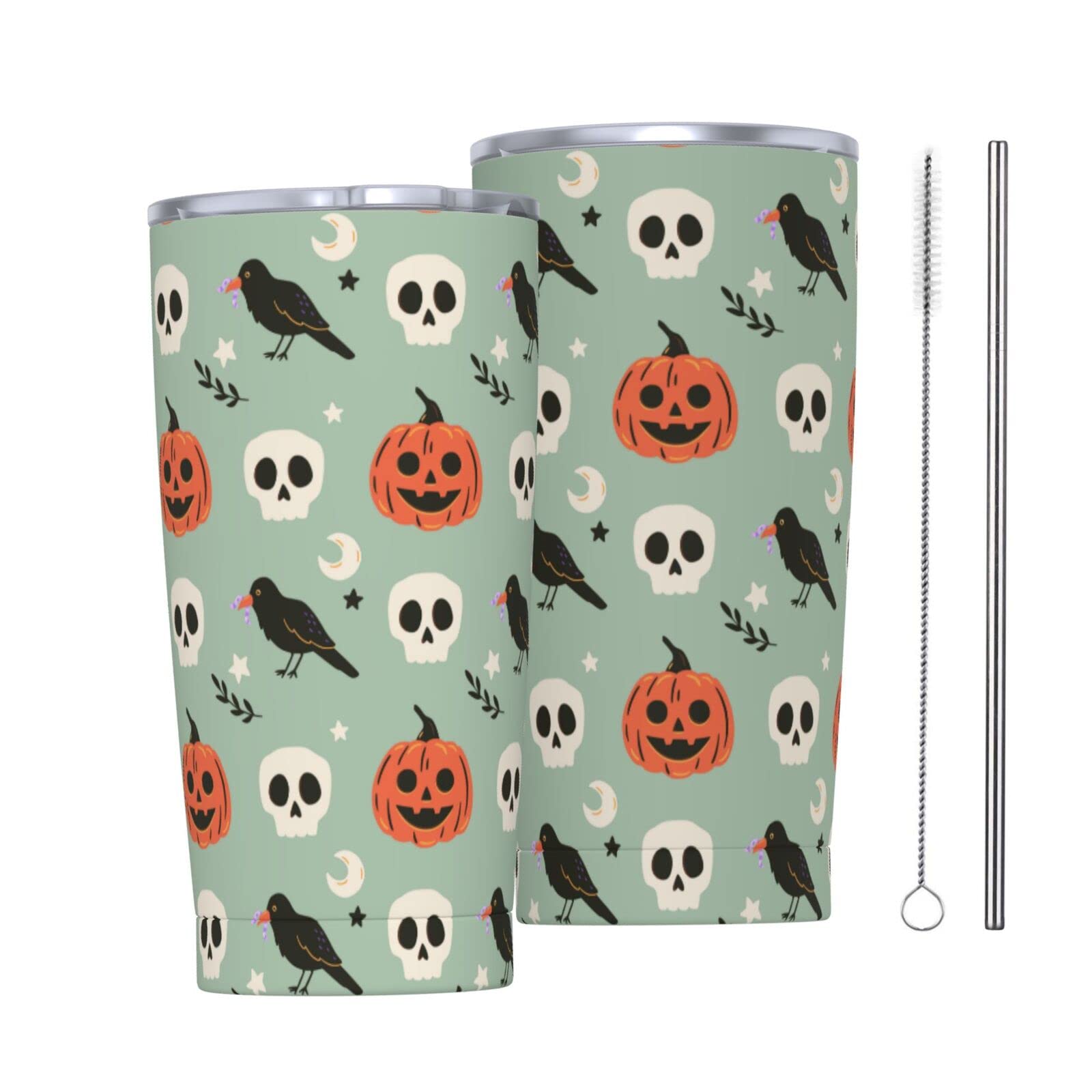 Halloween Raven Skull Pumpkin Tumbler - 20oz Insulated Travel Coffee Mug with Flip Lid | Perfect Gift for Dad, Mom, Friends Birthday | Great for Halloween Parties, Office Use & Outdoor Adventures