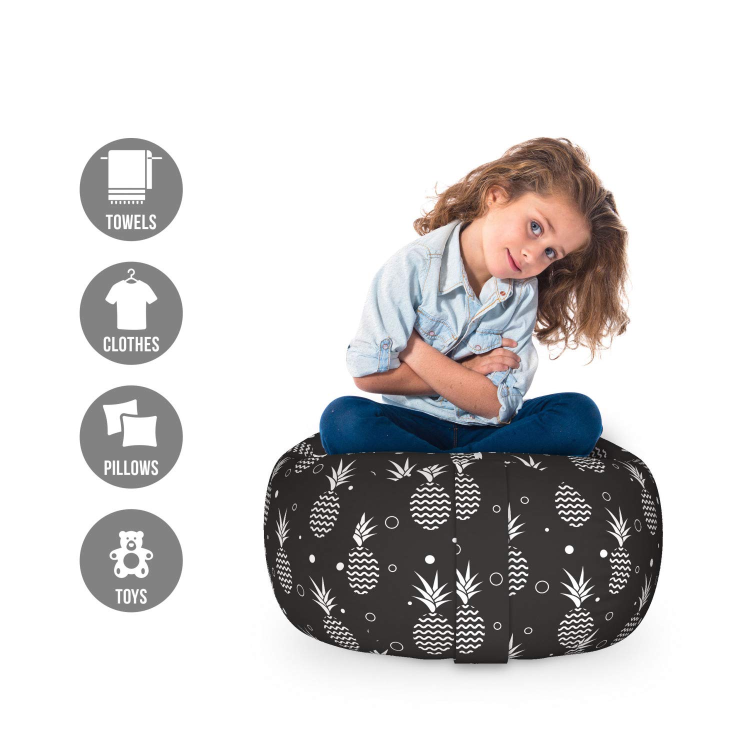 Ambesonne Tropical Storage Toy Bag Chair - Monochrome Pineapples with Abstract Zigzag Design, Greyscale Background, Washable Stuffed Animal Organizer (Small, Black & White) - Perfect for Kids' Room, Nursery, Playroom & Toy Storage Organization