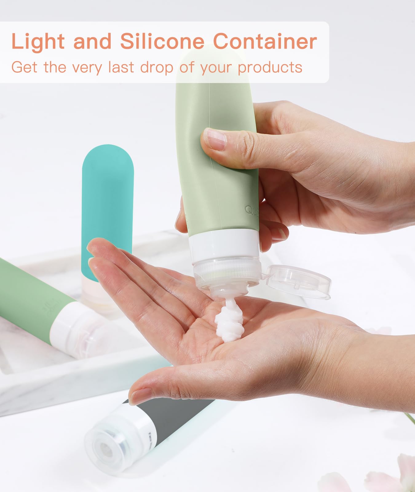 Quatish Original Patented 3oz TSA Approved Leak Proof Travel Bottles Set - 4 Pack Silicone Shampoo Containers with Toiletry Bag (Morandi Color) for Airplane, Gym, Camping & Vacation Essentials
