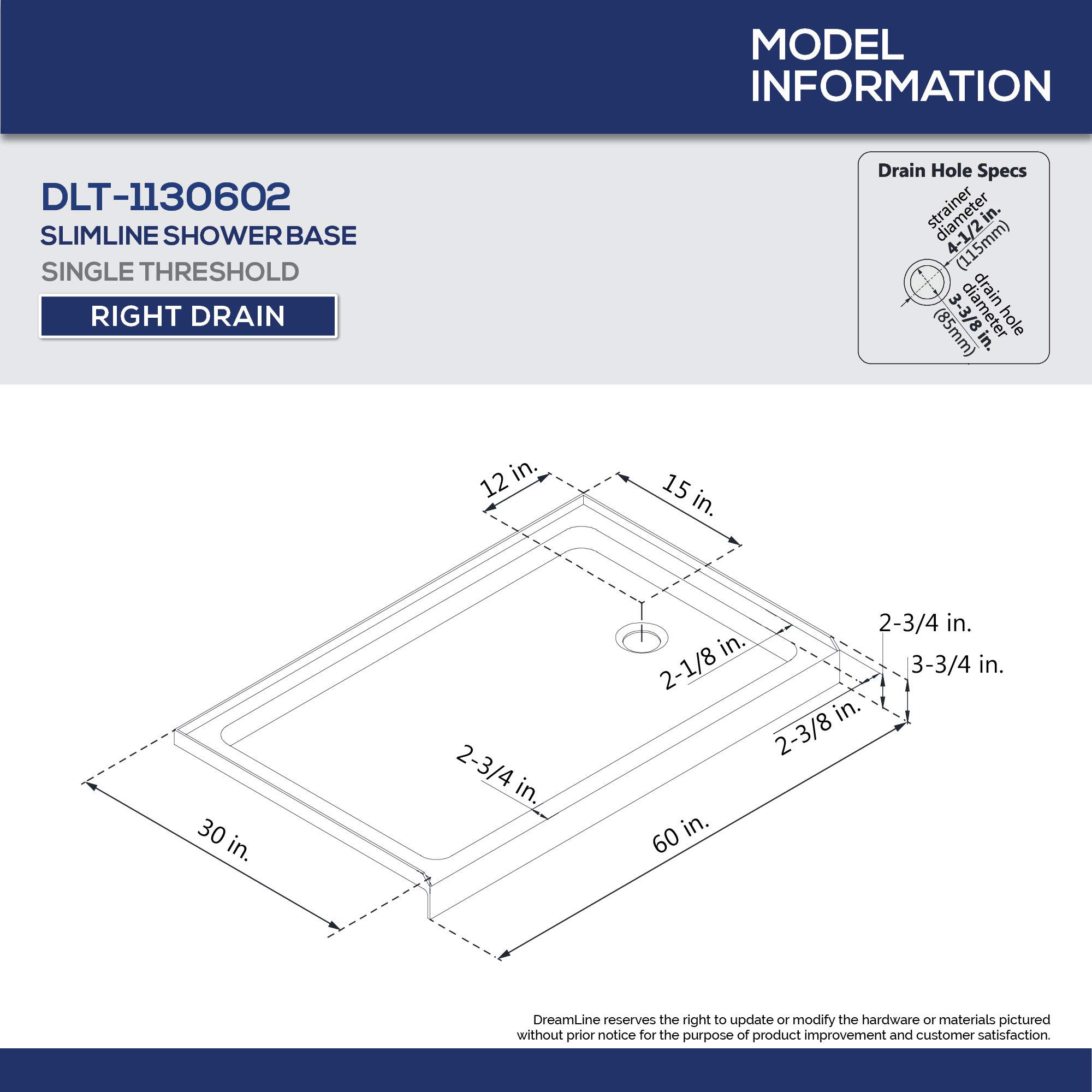 DreamLine SlimLine 30x60 Inch Right Drain Shower Base - White Single Threshold Bathtub Replacement (DLT-1130602) for Bathroom Remodeling & Small Space Solutions