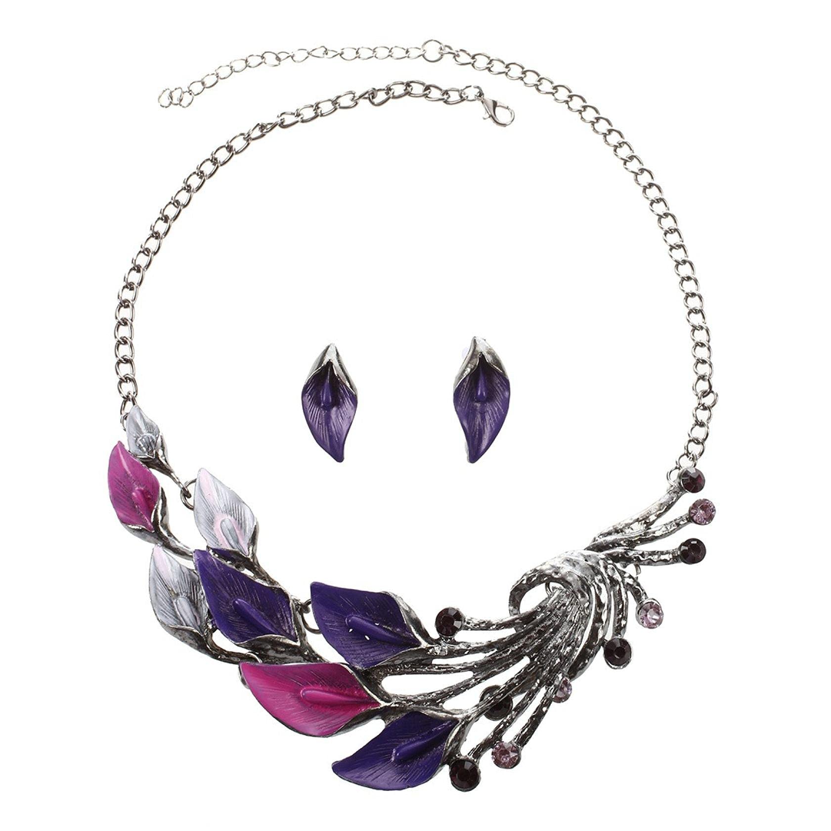 Onefa Elegant Purple Peacock Enamel Bib Necklace & Stud Earrings Set for Women - Perfect for Daily Wear, Banquet Parties, Festivals & Birthday Gifts | Jewelry Set for Special Occasions & Everyday Fashion