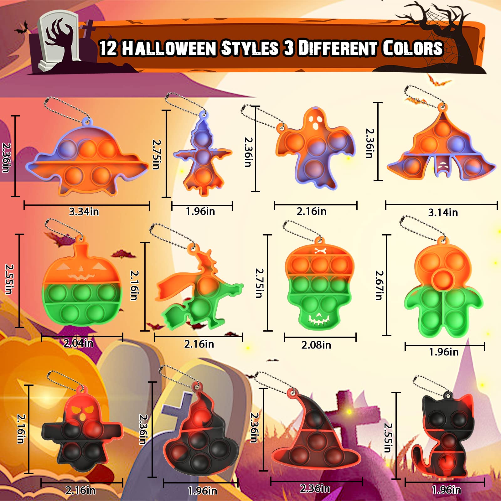 Halloween Mini Pop Keychain Fidget Toys - 36 PCS Stress Relief Sensory Pack for Kids | Halloween Party Favors, Gifts & Supplies | Perfect for Trick-or-Treat Goodie Bags, Classroom Prizes & Sensory Play
