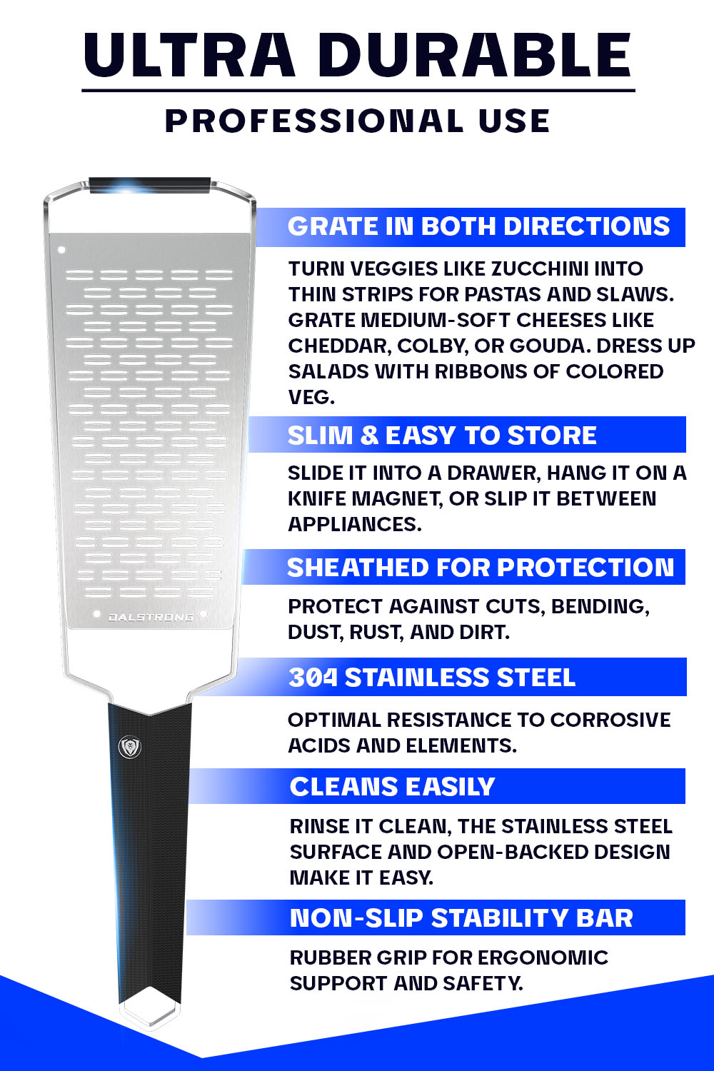 Premium Stainless Steel Wide Cheese Grater - Professional Kitchen Tool for Shredding Hard Cheeses | Dalstrong © | Perfect for Pasta, Pizza & Salad Toppings