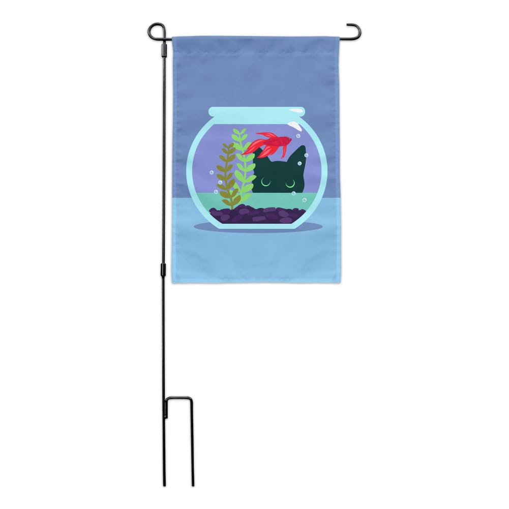 Black Cat Staring at Betta Fish Bowl - Outdoor Garden Yard Decorative Flag for Patio, Lawn & Home Decor - Perfect for Halloween, Pet Lovers & Unique Housewarming Gifts