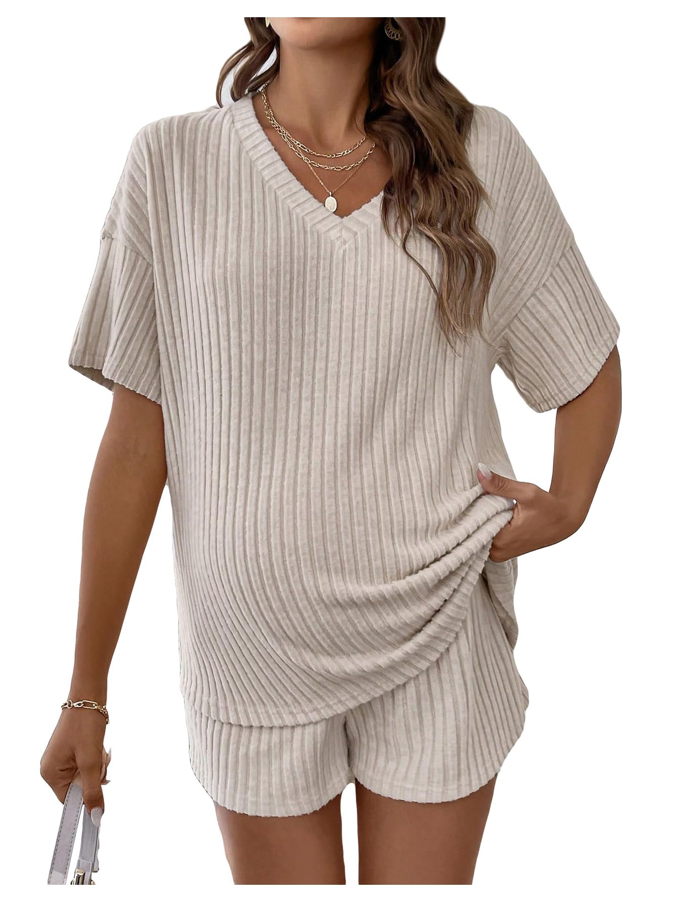 MakeMeChic Women's Maternity Pajama Set - 2 Piece Rib Knit Lounge Outfit with Short Sleeve Top & Shorts | Comfortable Pregnancy Sleepwear for Nighttime & Nursing