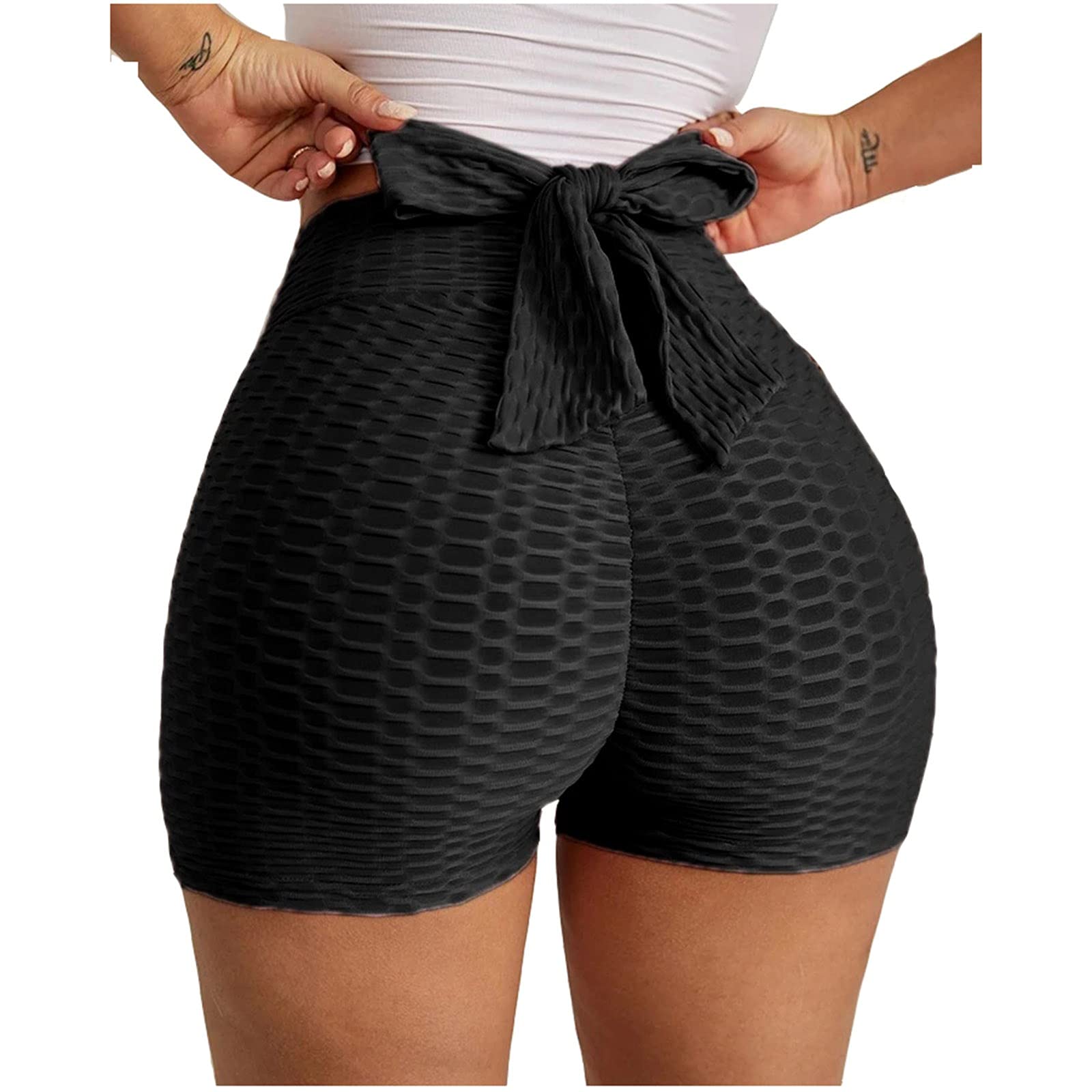 YUNDAN High Waist Yoga Shorts for Women - Tummy Control Workout Shorts with Bow Tie | Stretchy Athletic Leggings for Running, Fitness & Gym | Perfect for Yoga, Pilates & Active Lifestyle