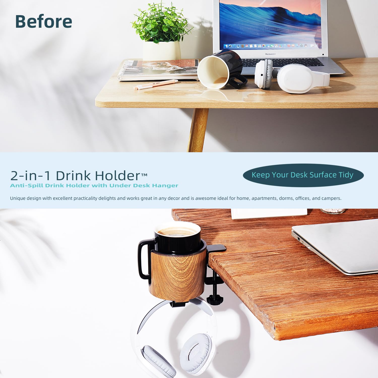 Premium 2-in-1 Desk Cup Holder & Organizer - Elegant Wooden Design for Coffee, Tea, Pens & Office Supplies | Perfect for Home Office, Study Desk & Workspace Organization