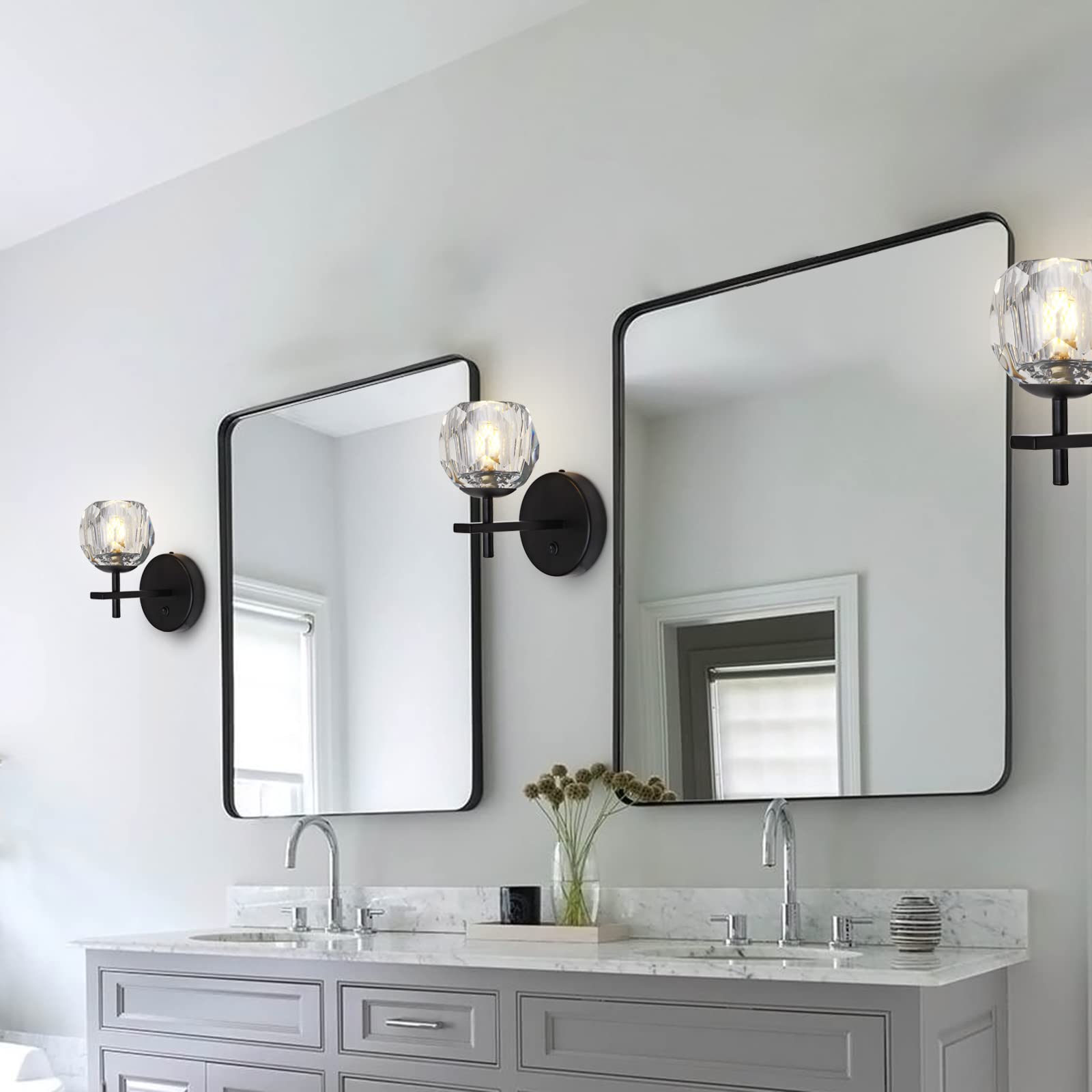 Modern Black Crystal Globe Wall Sconces - Set of 2 with Switch Button, Indoor Wall Mount Lighting Fixtures for Bedroom, Hallway & Living Room - Elegant Home Decor Lighting Solution