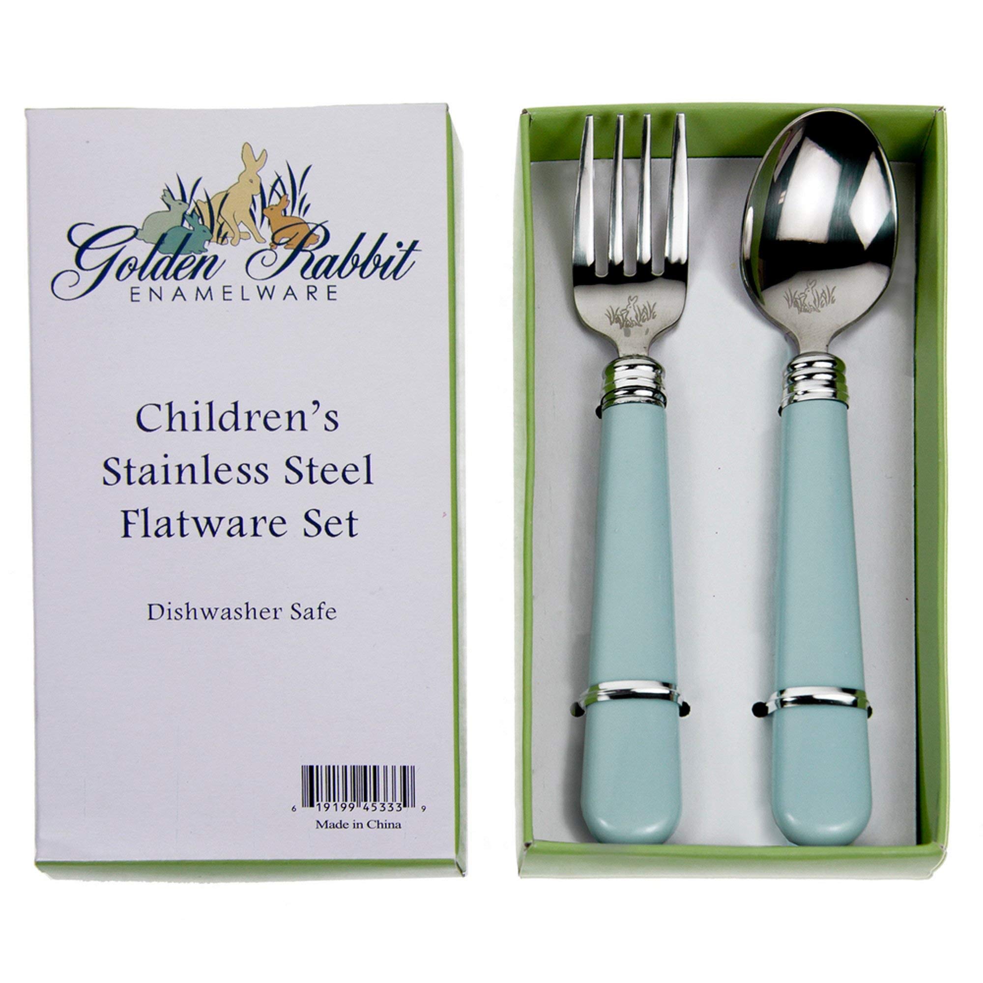 Golden Rabbit Enamelware Flatware Set - 2-Piece Stainless Steel Cutlery Gift Set in Elegant Robin's Egg Blue | Perfect for Picnics, Camping, and Outdoor Dining