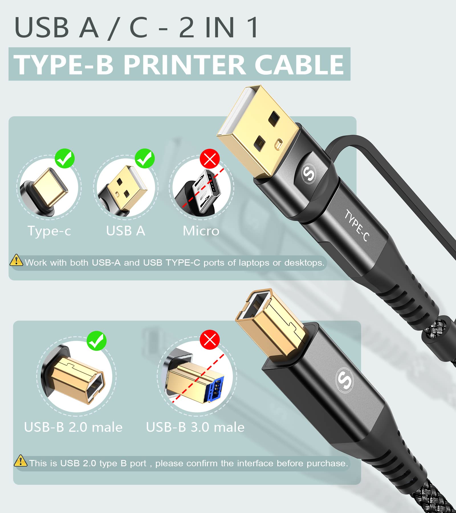 2-in-1 USB-A/C to USB-B Printer Cable 10FT - High Speed Braided USB C MIDI Cable for HP/Canon/Dell/Epson/Brother/Samsung Printers, MacBook Pro/Air, Digital Piano MIDI Controller - Durable & Tangle-Free (Black) - Perfect for Home Office, Studio & Music Production