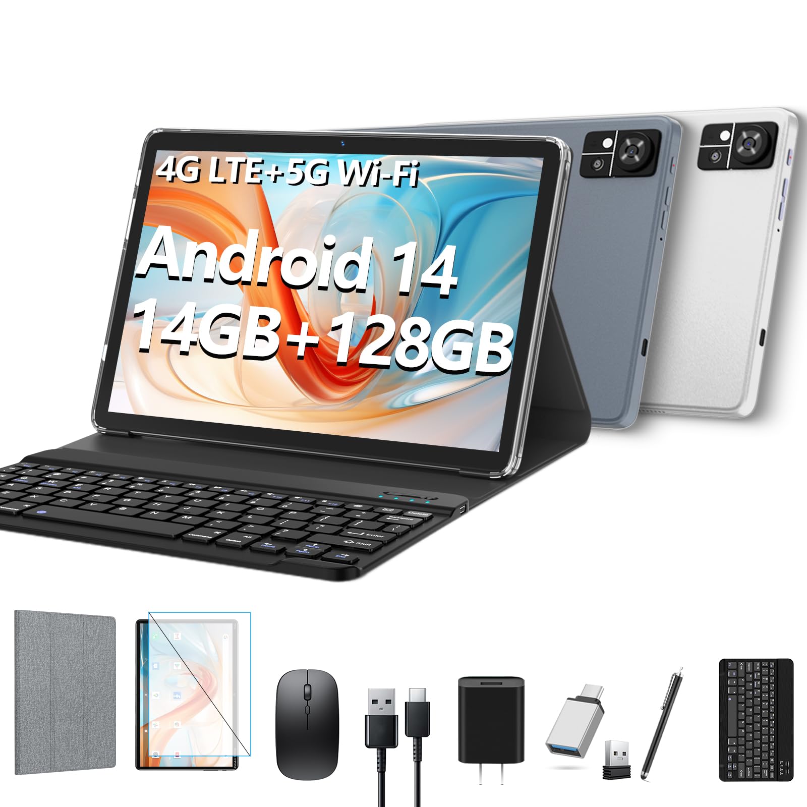 2025 Latest 10 Inch Android 14 Tablet with 4G LTE & Dual SIM Slots - 128GB ROM + 14GB RAM, Octa-Core Processor, 1TB Expandable Storage - 5G WiFi, 13MP+8MP Cameras, 7000mAh Battery, BT5.0, GPS - Includes Keyboard, Mouse & Stylus (Grey) - Perfect for Work, Study & Entertainment On-The-Go