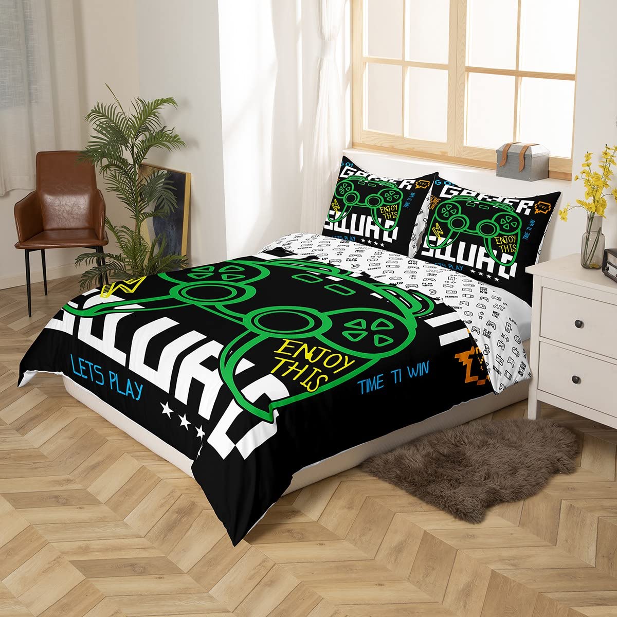 Erosebridal King Size Video Game Duvet Cover Set - Green Cartoon Gamer Pattern Comforter Cover, Electronic Theme Quilt Set (3Pcs) for Kids, Teens & Adults - Soft, Breathable Bedding - Perfect for Gaming Rooms, Teen Bedrooms & Gift Giving
