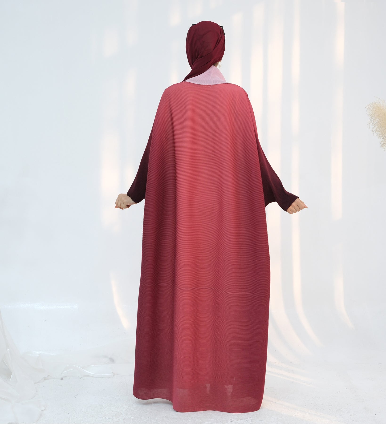 Elegant Kenyat Pleated Ombre Kimono Open Abaya - Pink Flowy Cover-Up for Women | Perfect for Beach, Boho Fashion & Special Occasions