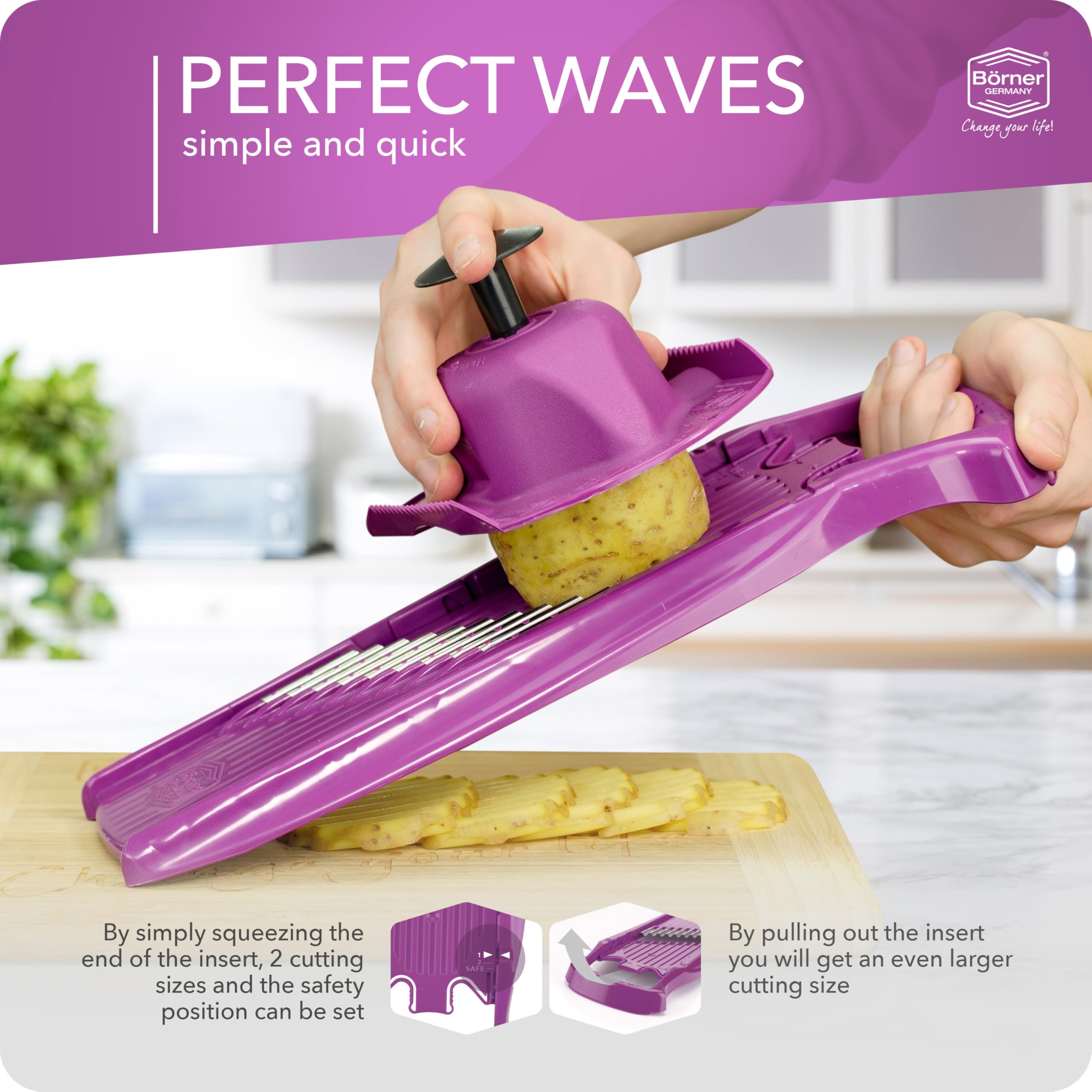Börner Wave-Waffle PowerLine Crinkle Cutter with Safety Guard - 2-Piece Vegetable Slicer Set for Perfect Wave & Waffle Cuts - Ideal for Lattice Potatoes, Fries & Creative Food Presentation - Purple Kitchen Tool for Home Chefs & Meal Prep