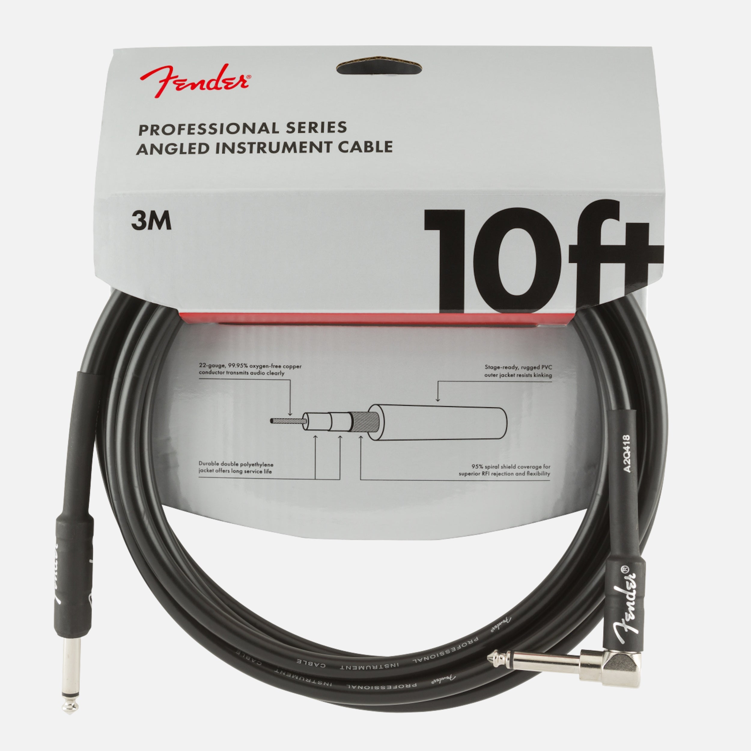 Fender Professional Series 10 Foot Angled Instrument Cable - Premium Guitar Cable for Electric Guitar, Bass, and Amplifiers - Perfect for Live Performances, Studio Recording, and Home Practice