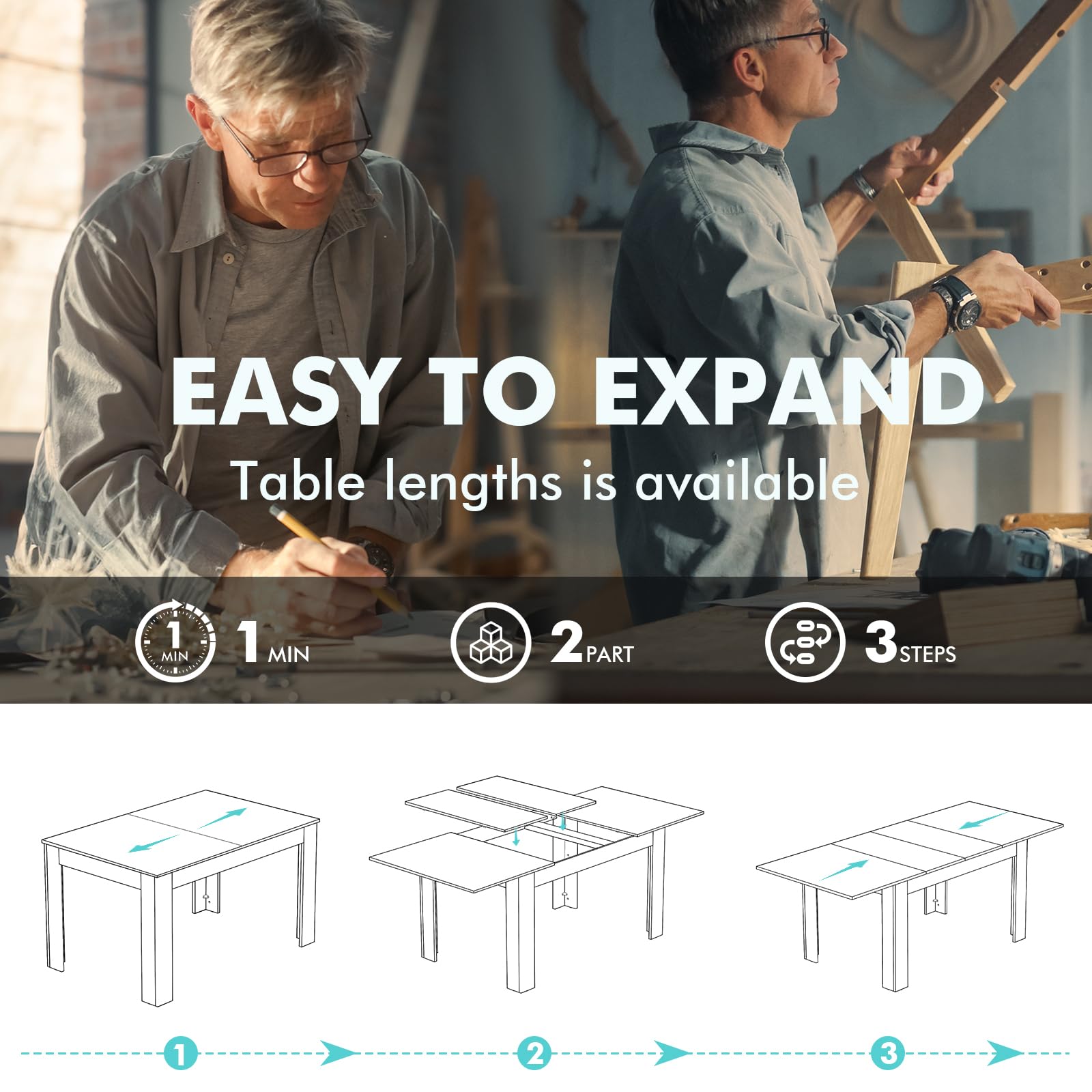 Extendable Oak Farmhouse Dining Table for 6-10 People, Large Rectangular Plank and Beam Kitchen Table for Living Room, Meeting Space, and Family Gatherings