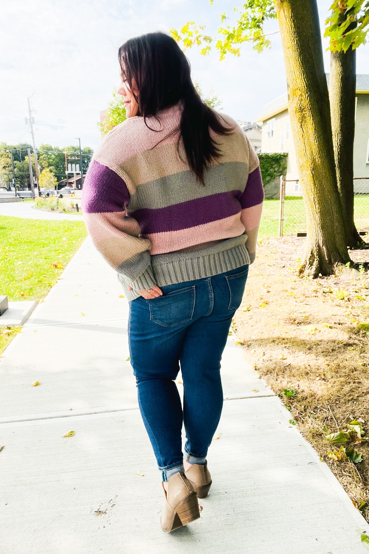 Fall For You Mauve Multicolor Stripe Cable Knit Mock Neck Sweater | Women's Cozy Winter Pullover | Perfect for Christmas, Holiday Parties & Casual Outings