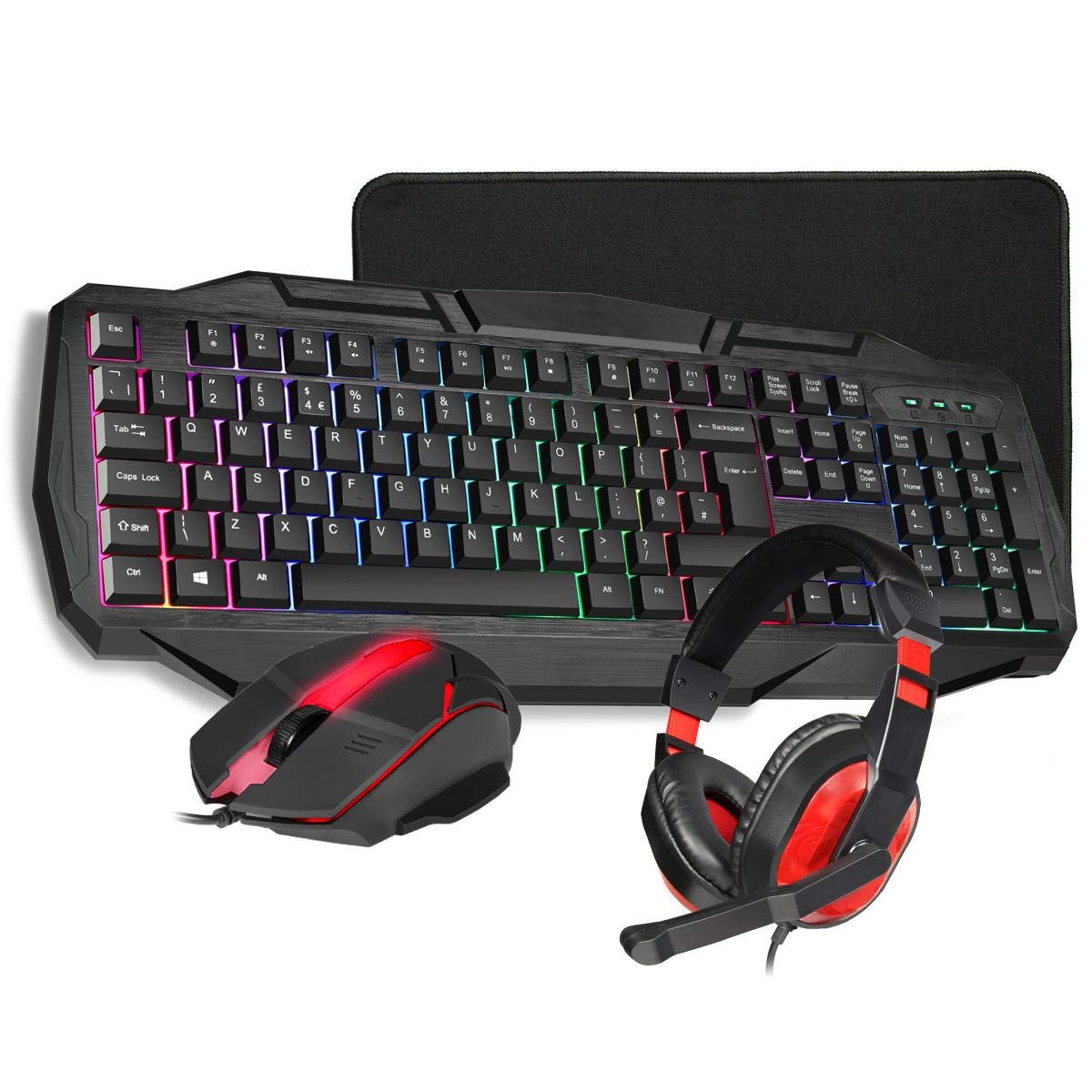 CiT Builder RGB Gaming Keyboard, Mouse, Headset & Mouse Pad Combo - 4-in-1 PC Gaming Bundle for Windows & Mac | Black/Red | Perfect for Esports, Streaming & Office Work