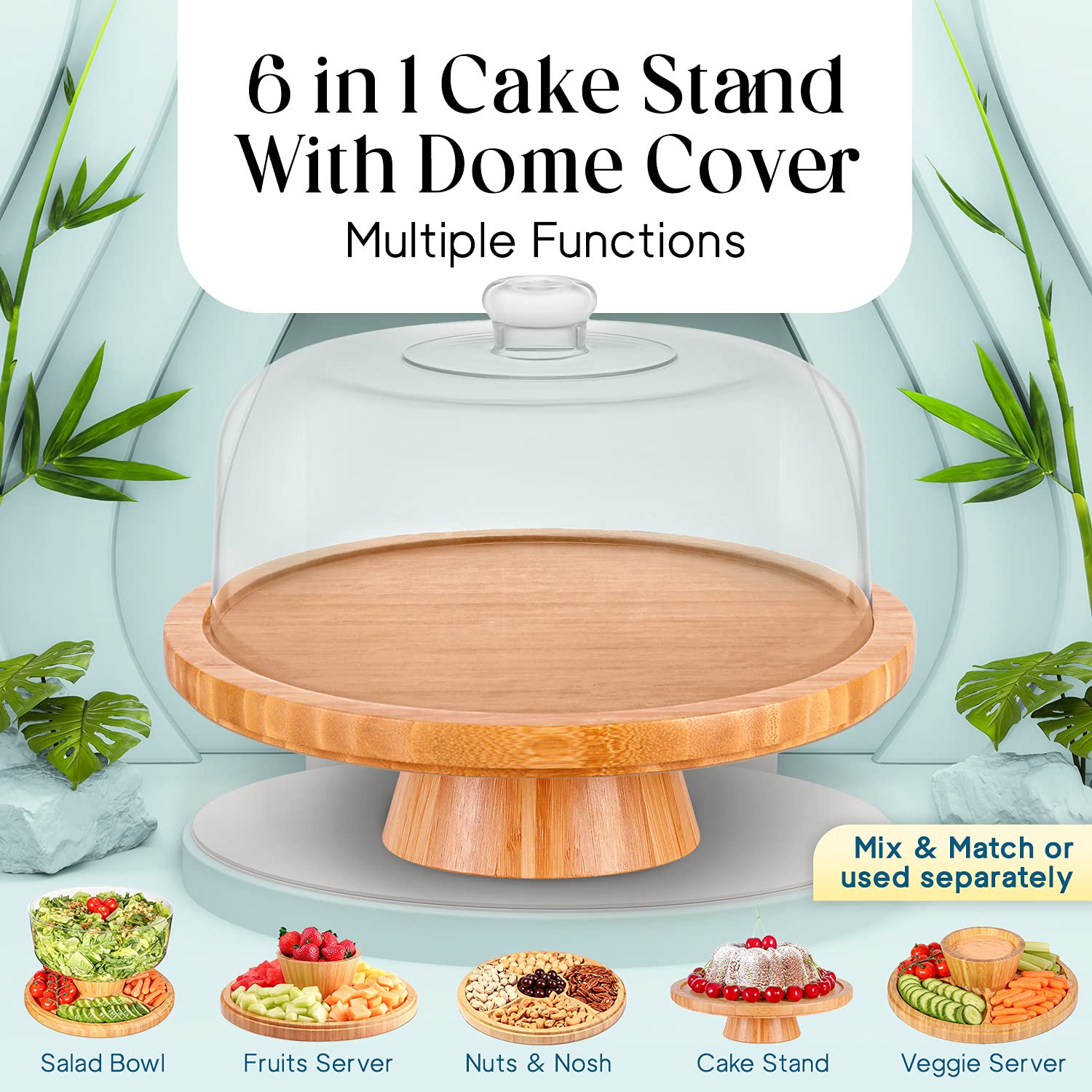Homeries 6-in-1 Bamboo Cake Stand with Lid - Multi-Functional Serving Platter & Cake Display Stand with Dome - Perfect for Weddings, Birthday Parties, Dessert Buffets & Home Baking Display