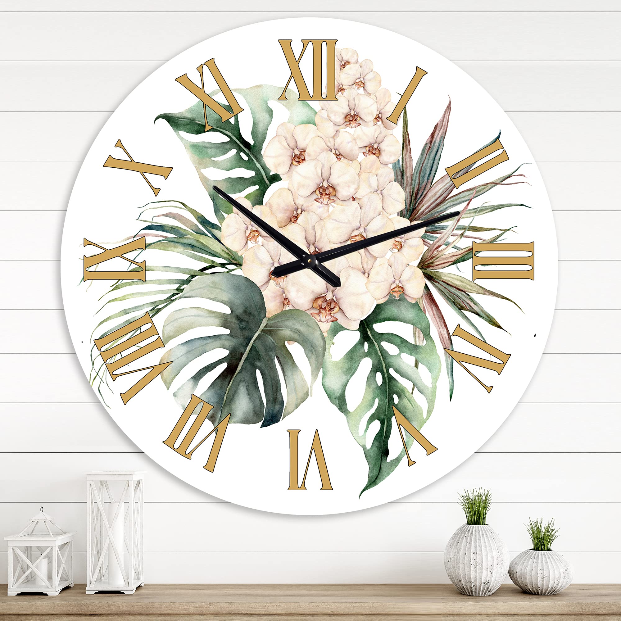 DesignQ Traditional Wall Clock - Floral & Botanical Decor with Orchids, Monstera, and Coconut Leaves - Large Decorative Clock for Living Room, Bedroom, or Office
