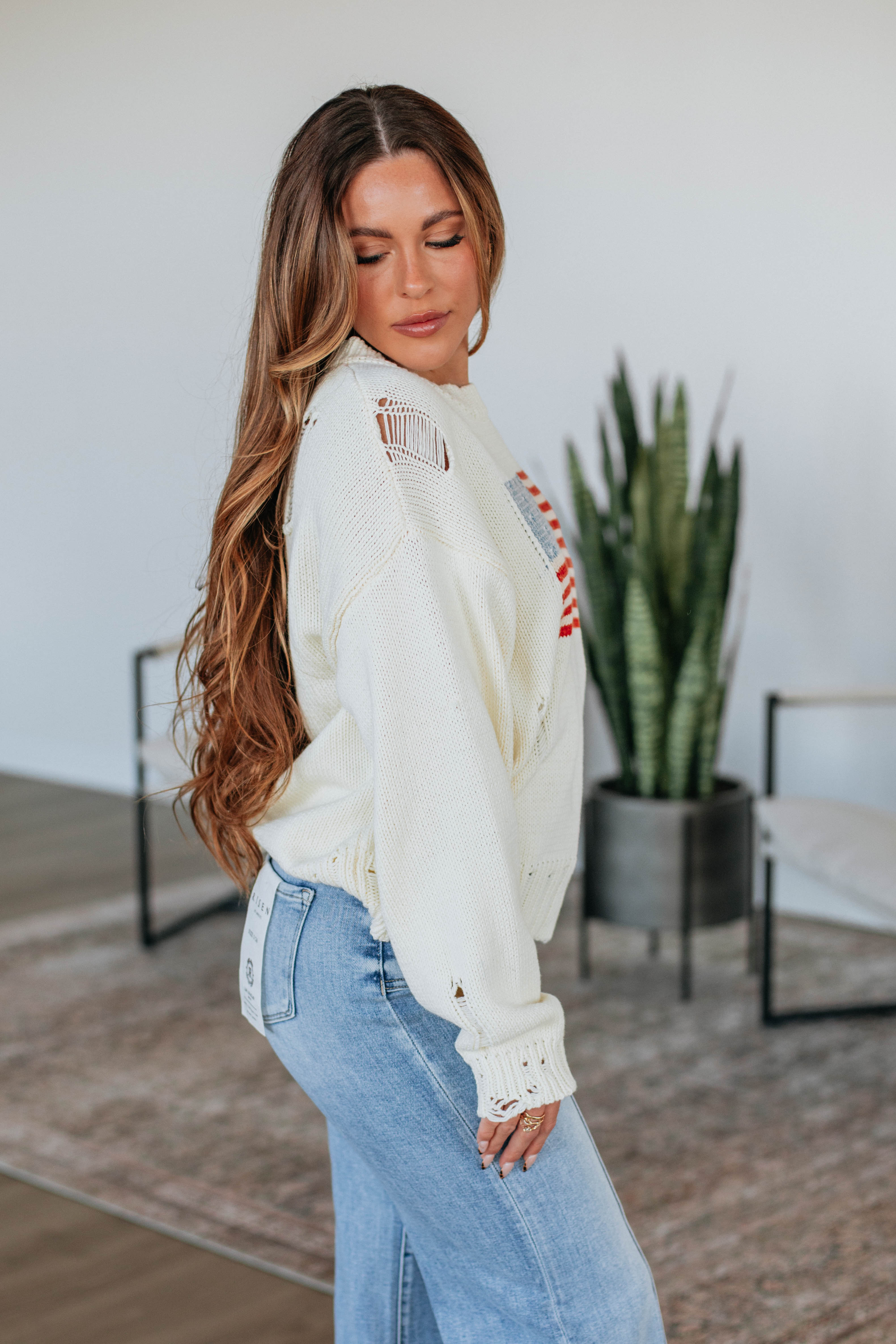 American Dreamin' Sweater - Soft Cream Knit Pullover for Women | Cozy Casual Wear for Fall & Winter | Perfect for Office, Dates & Weekend Outings