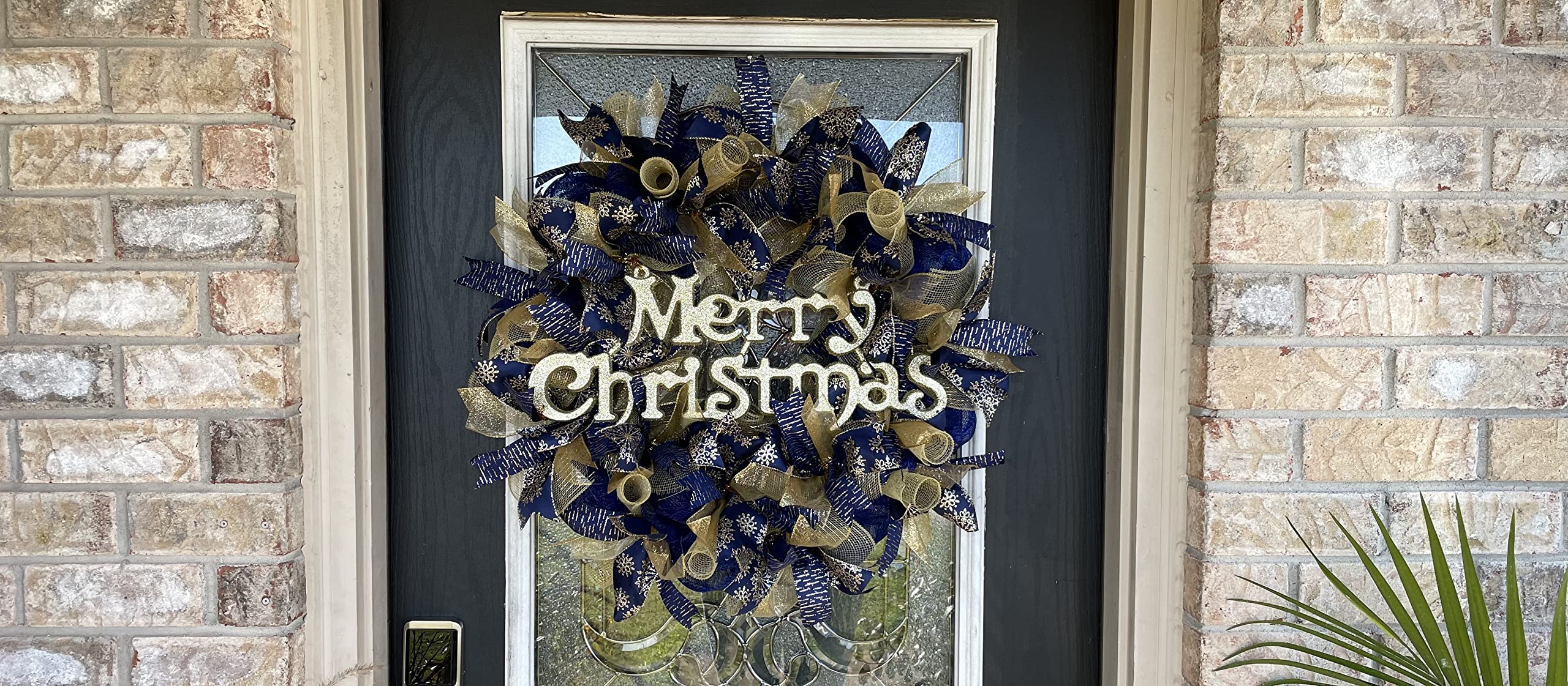 XL Dark Navy Blue Gold Merry Christmas Winter Deco Mesh Front Door Wreath - Elegant Holiday Porch, Patio, Garden & Fireplace Mantel Decor - Perfect Unique Christmas Gift Idea for Home & Outdoor Decorations