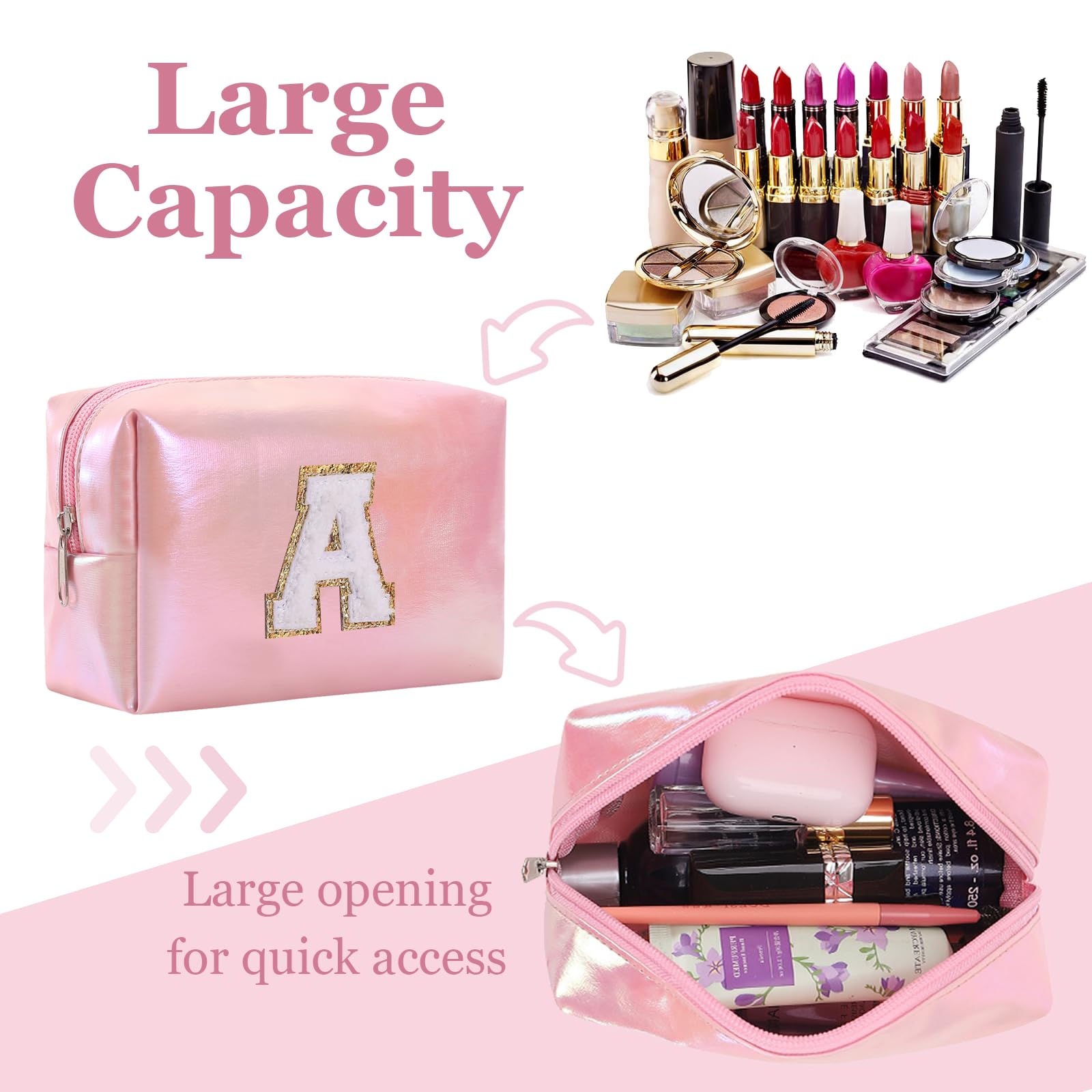 Personalized Initial Makeup Bag Letter A - Glitter Waterproof Cosmetic Pouch for Women, Cute Travel Makeup Organizer, Preppy Gift for Mother's Day, Birthday, Bridesmaids | Perfect for Travel, Gym, Daily Beauty Essentials