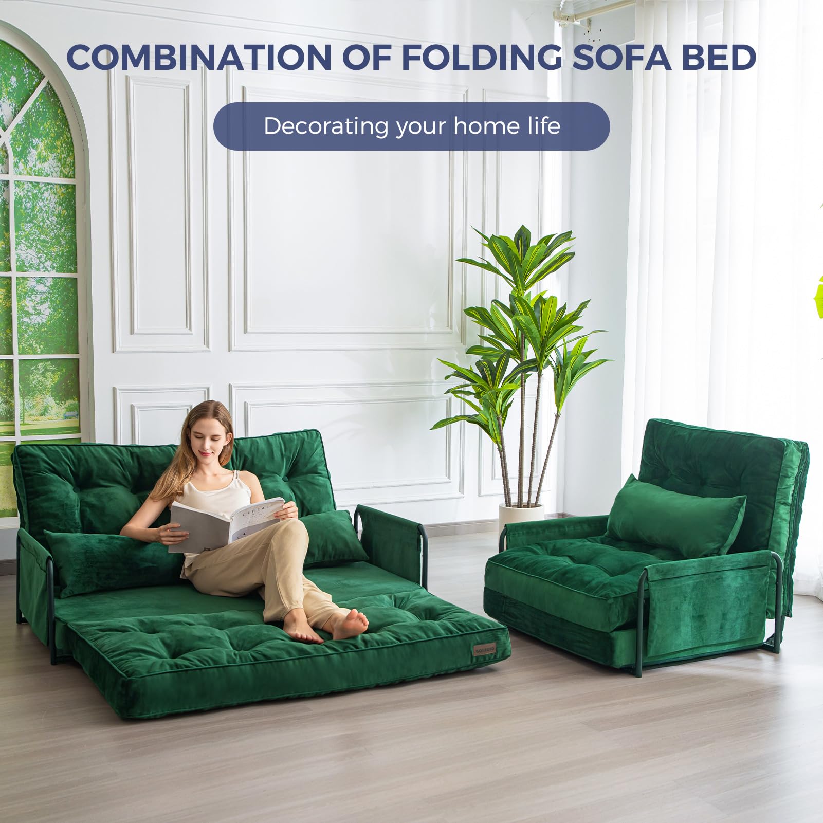 MAXYOYO Adjustable Floor Sofa Couch - Velvet Convertible Lazy Sofa Sleeper Bed with Pillows & Armrest, Double Size in Green | Perfect for Small Spaces, Living Rooms & Guest Beds