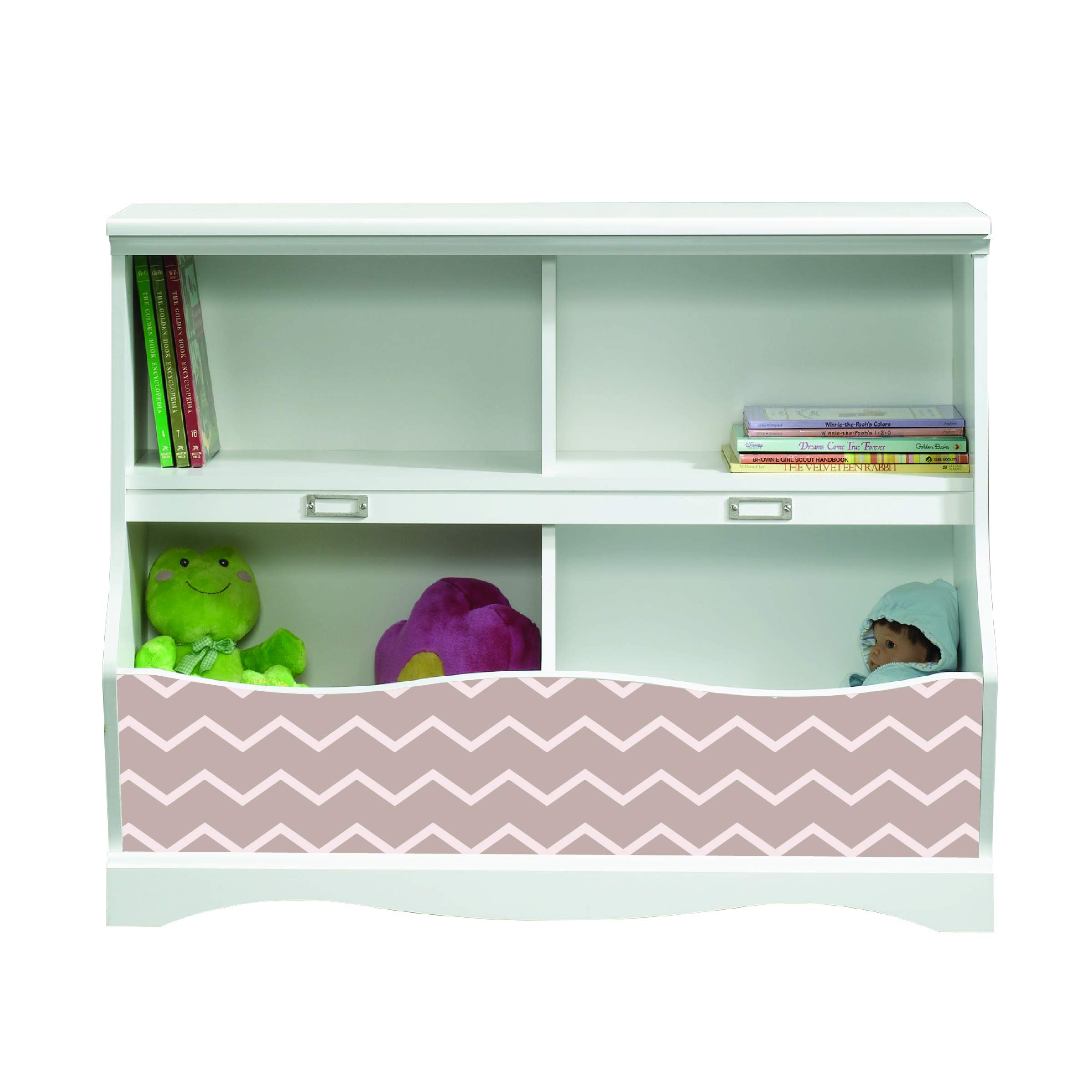 LifeSong Milestones Bookcase Footboard with Cubbyhole - Kids Book Storage Organizer, Toy Shelf for Playroom, Nursery & Bedroom - Soft White Chevron (Mauve) - Perfect for Organizing Toys, Books & Decor in Children's Rooms