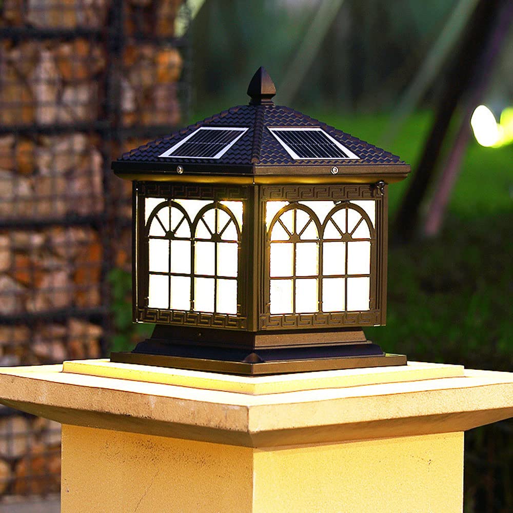 Solar Powered Outdoor Post Light with Dusk to Dawn Sensor - Square Double Arch Design, IP65 Waterproof & Dustproof Pole Lantern with Seeded Glass Shade - Perfect for Garden, Patio, Lawn, Pathway and Driveway Lighting