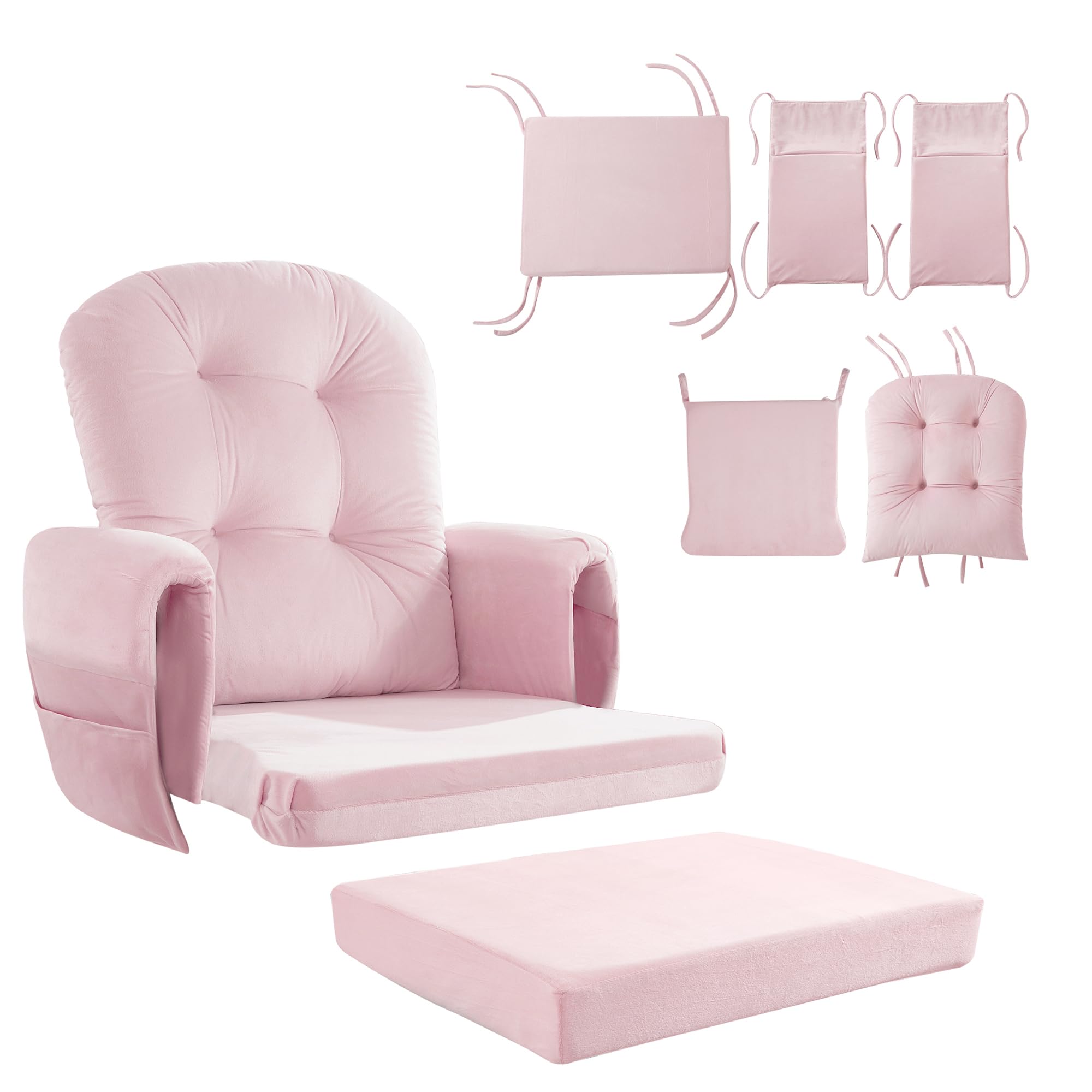 HOMBYS 8-Piece Glider Rocker Replacement Cushions Set with Storage Side Pocket - Velvet Fabric, Foam & Microfiber Filling, Non-Slip & Washable, Thickened Support for Rocking Chairs (Pink) - Perfect for Nursery, Living Room & Relaxation