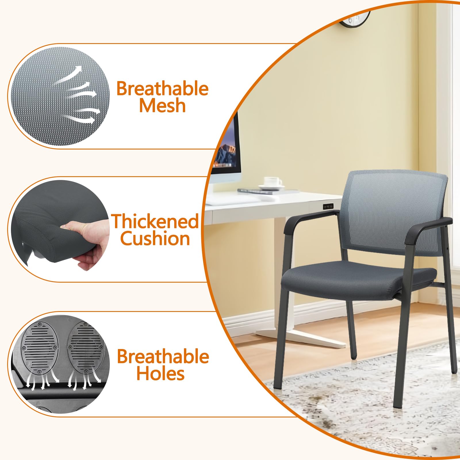 CLATINA Ergonomic Mesh Office Chair with Fabric Seat & Lumbar Support - Stackable Conference Chairs for School, Church, Guest Reception (Set of 4, Gray) - Perfect for Home Office, Conference Rooms & Waiting Areas
