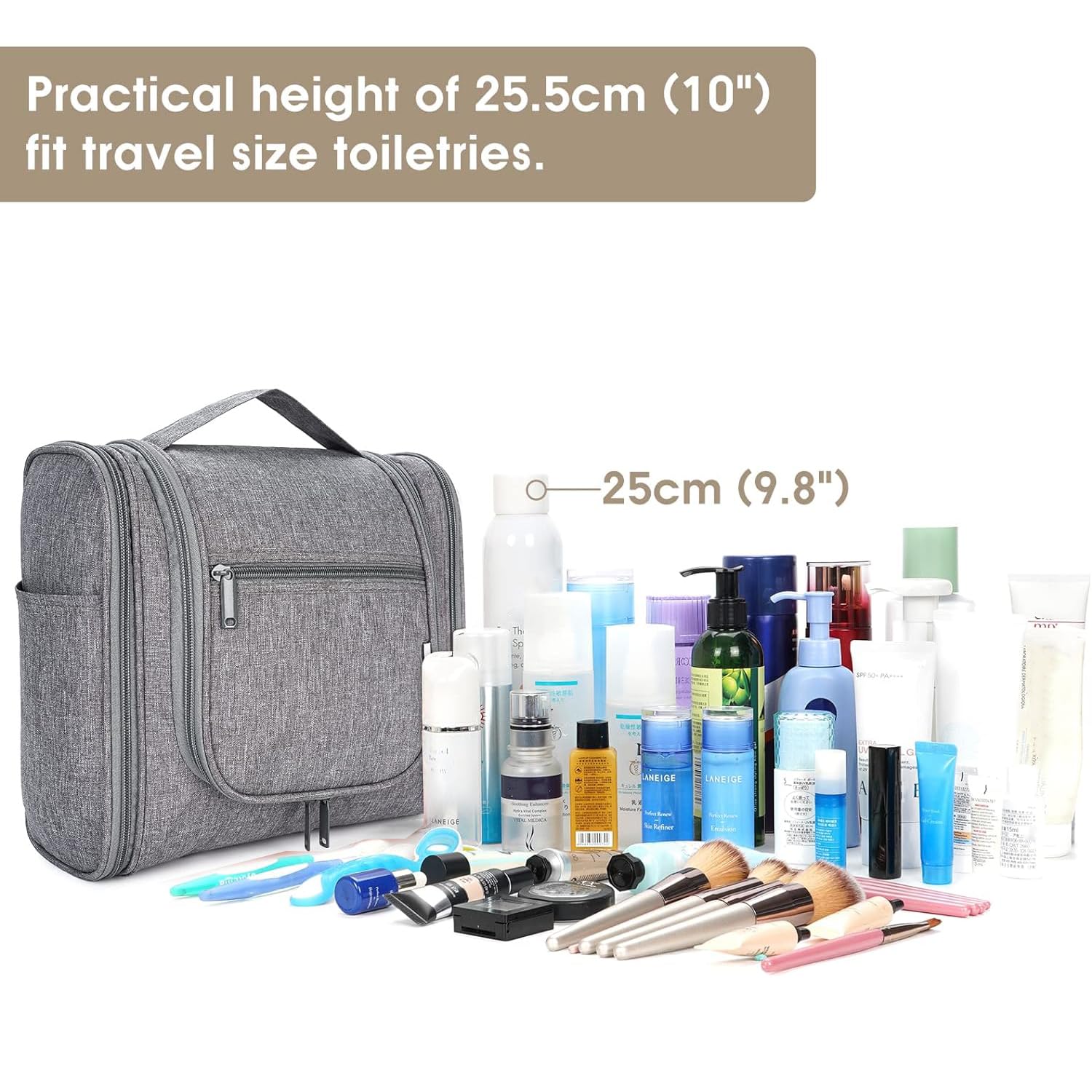 **Large Grey Hanging Toiletry Bag for Women & Men – Travel Makeup Organizer with Multiple Pockets for Cosmetics, Toiletries & Essentials – Perfect for Air Travel, Camping & Gym**