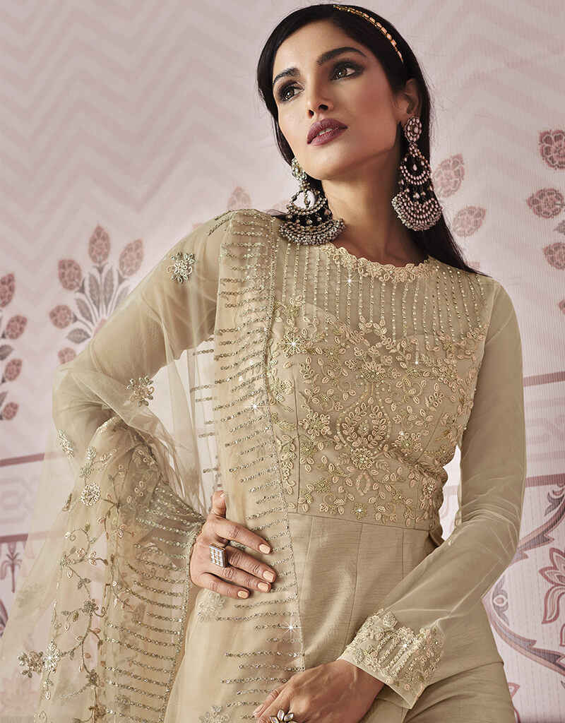 Exquisite Beige Russian Silk Embroidered Anarkali Dress for Women | Elegant Party Wear & Special Occasion Outfit | Perfect for Weddings, Festivals & Evening Events