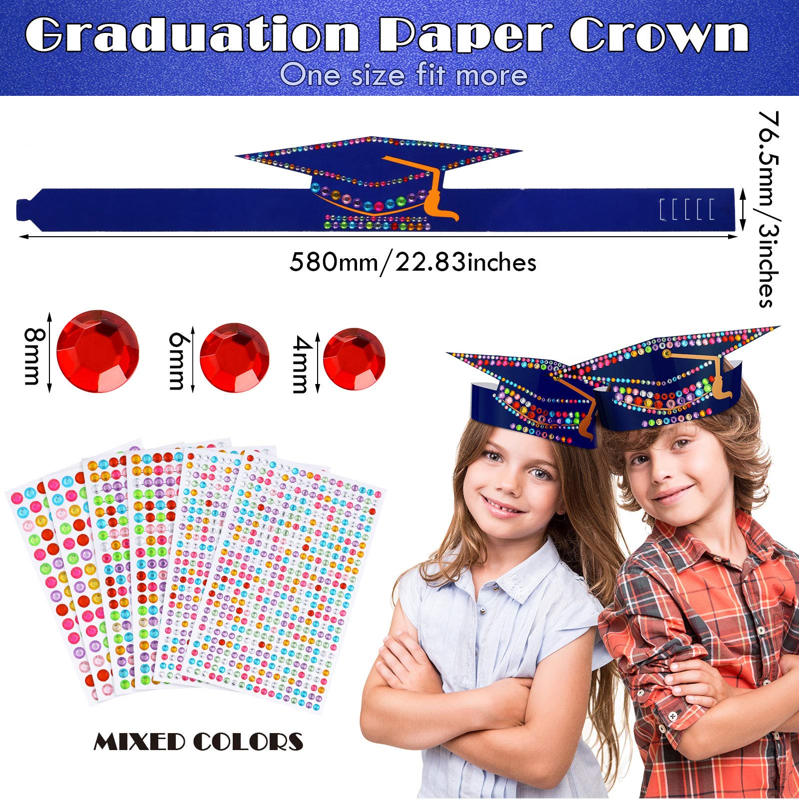 36-Piece Graduation Party Hat & Crown Set with Rhinestone Stickers - Blue Graduation Decorations for Kids, Students - Perfect for Grad Ceremony, School Parties & Celebration Favors