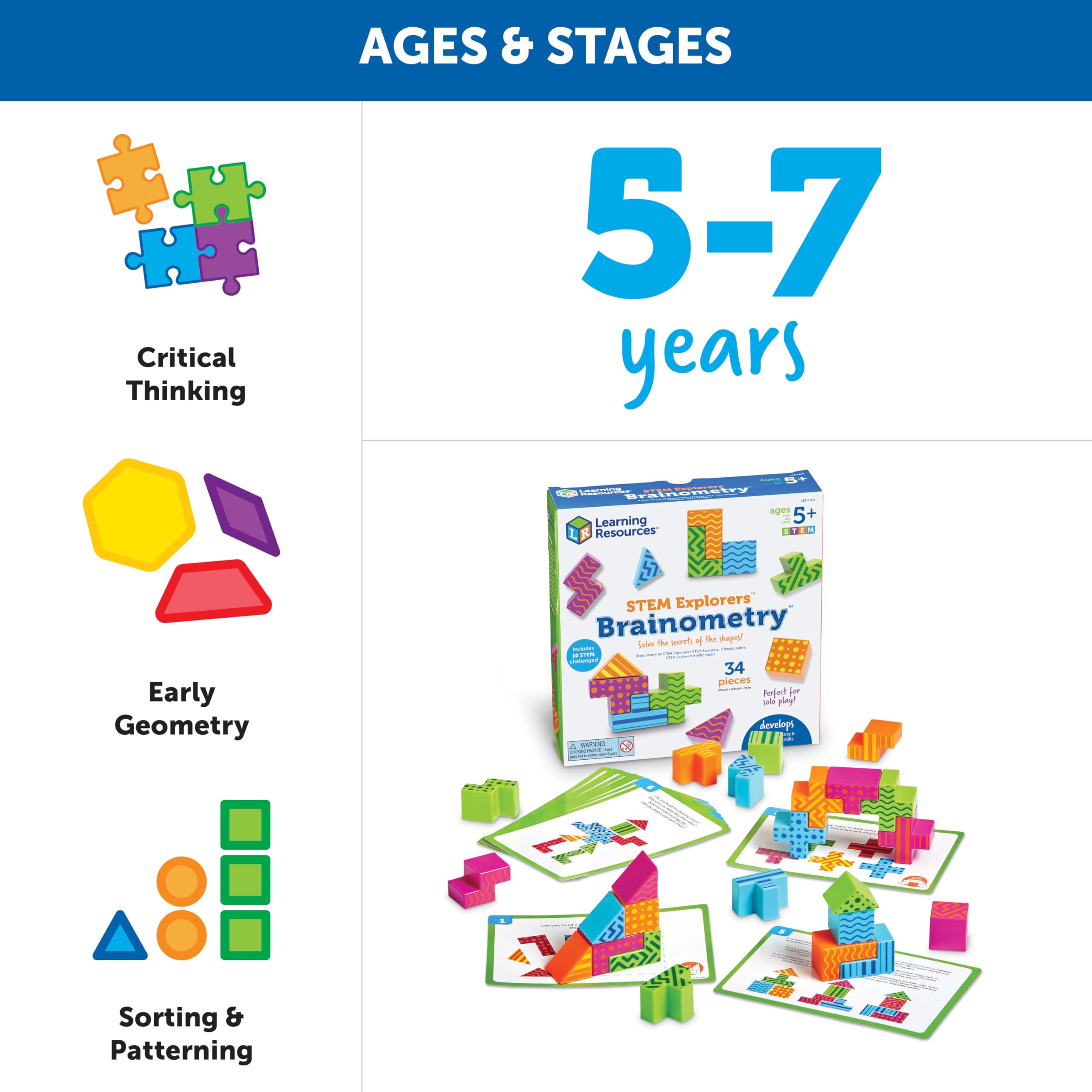 Learning Resources STEM Explorers Brainometry - 34 Piece STEM Building Toy Set for Kids Ages 5+, Educational Brain Teaser Games & Kindergarten Learning Activities | Perfect for Classroom, Homeschool & Back to School STEM Learning