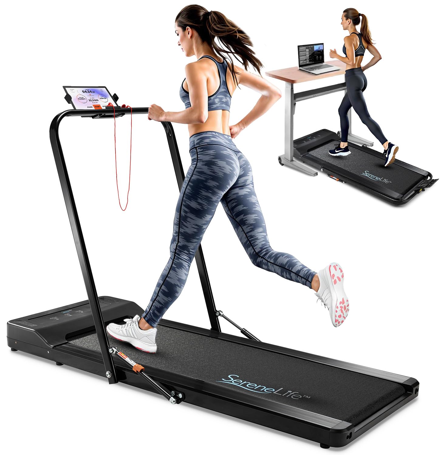 SereneLife Foldable 2-in-1 Treadmill & Walking Pad with Remote Control - Compact Under Bed/Desk Treadmill, 1.5HP Motor, 0.6-7.5MPH Speed, App Support - Easy Assembly & Storage for Home Gym, Office Workout, Walking & Jogging - Supports 265lbs Weight Capacity