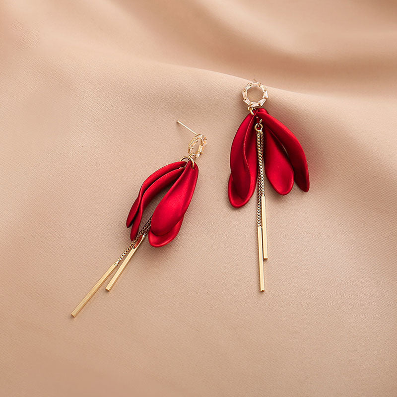 Elegant Long Red Petals Tassel Drop Earrings for Women | Boho Chic Dangle Ear Jewelry | Perfect for Parties, Weddings & Date Nights